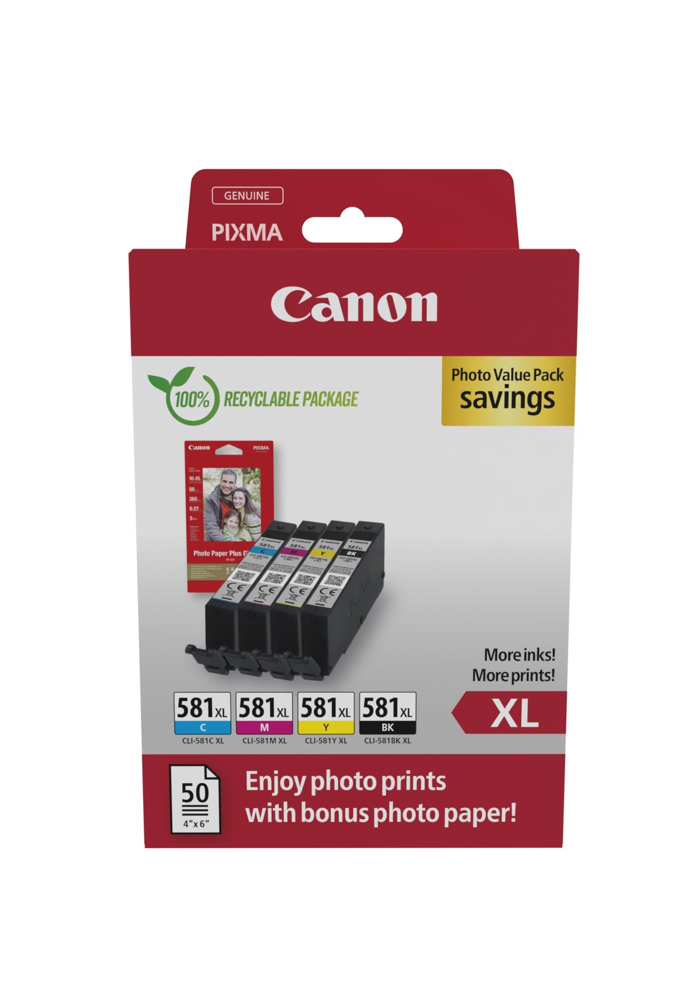 Canon CLI-581 XL C M Y BK eeliskomplekt – 4 XL tindi­kassetti (must XL, tsüaan XL, magenta XL, kollane XL) – Originaal [Keskkonnasõbralik taaskasutatav papppakend 2024]