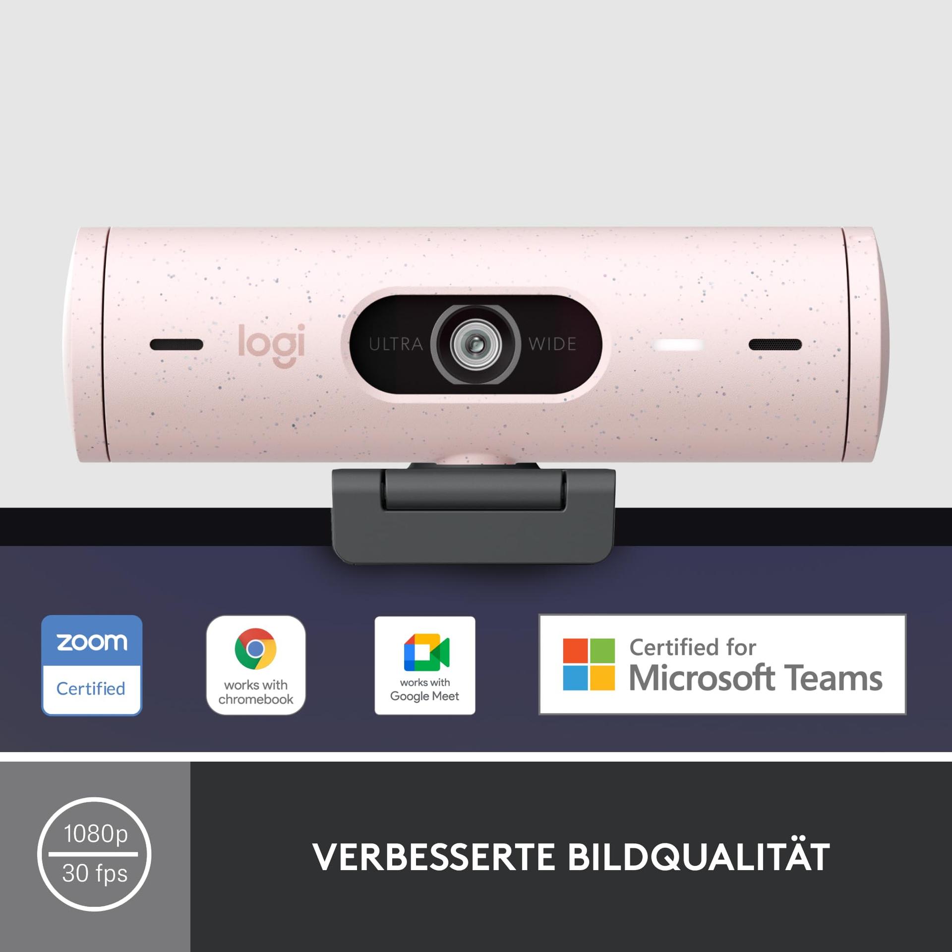 Logitech Brio 500 Full-HD veebikaamera automaatse valguskorrektsiooni, esitlusrežiimi, topeltmikrofoni ja mürasummutusega, privaatsuskattega, Microsoft Teams, Google Meet, Zoom, USB-C-kaabliga – Roosa – detailne vaade