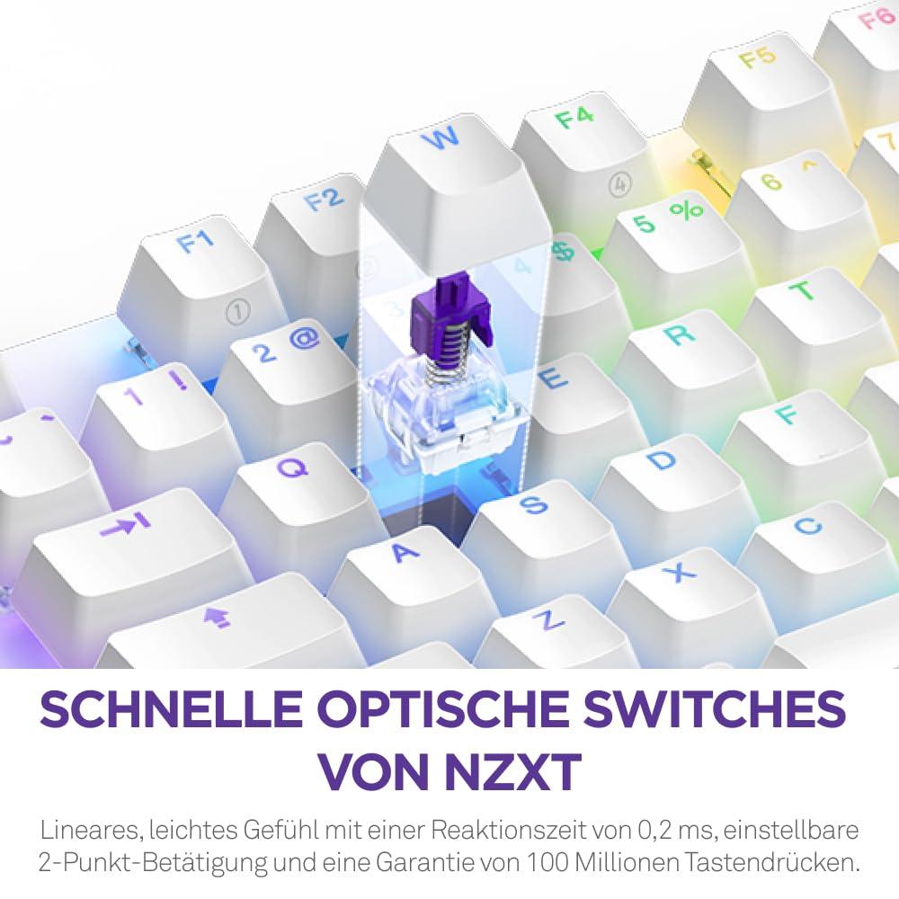 NZXT Function 2-2024 Optiline Täissuuruses Mänguriklaviatuur | RGB-taustavalgustus | 8K küsitlussagedus | Lineaarsed optilised lülitid | Reguleeritav käivitamine | Hot-Swap | Valge - DE (QWERTZ)