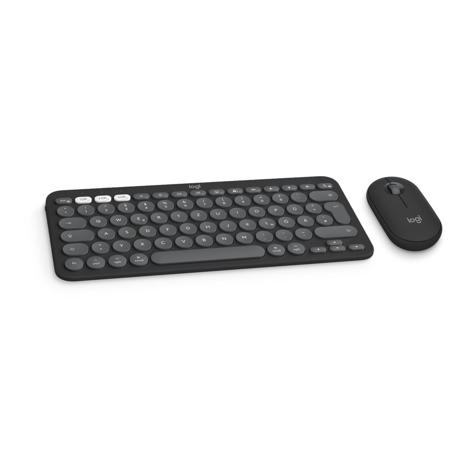 Logitech Pebble 2 Combo Macile – juhtmevaba klaviatuur ja hiir, stiilne, vaikne ja mobiilne, Bluetooth-ühendusega, kergesti kohandatav, QWERTZ-paigutus, grafiit