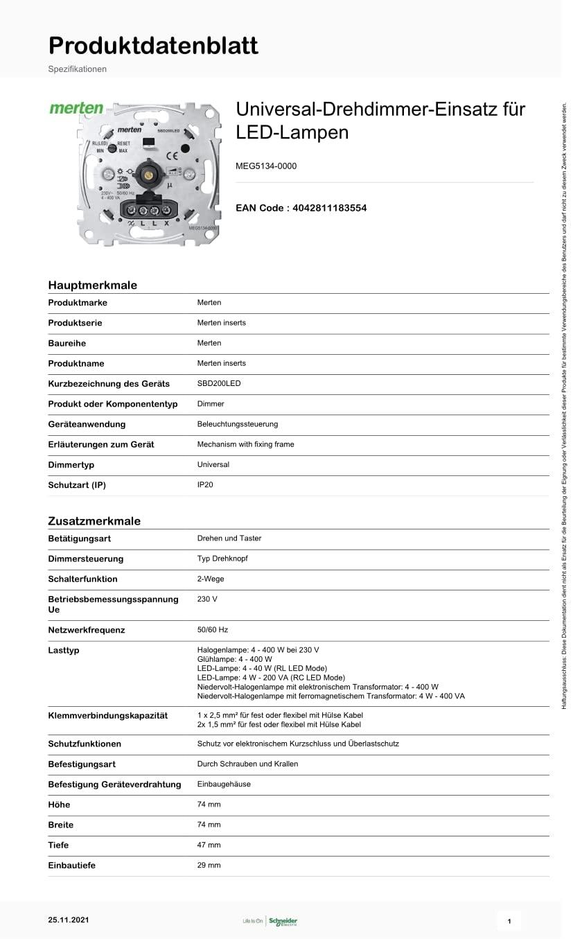 Schneider Electric Merten MEG5134-0000 – Universaalne pöördhämardiga süvistatav lüliti LED-lampidele, hõõglampidele, halogeenlampidele – 4-400 W – faasi lõikepõhine, alumiinium – detailne vaade