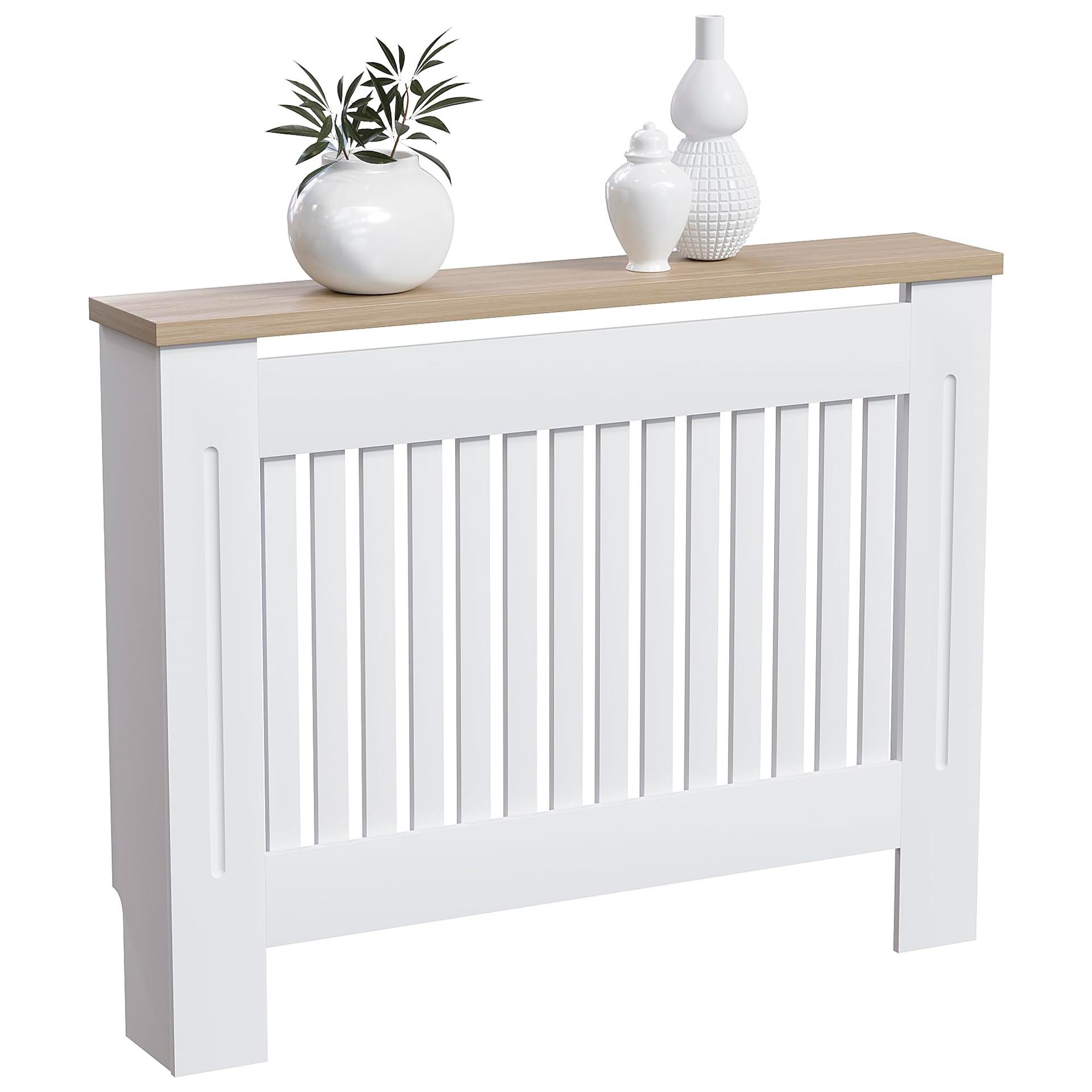 Vida Designs Arlington Radiaatorikate, valge, kaasaegne MDF-kapp, liistud, grill, puidust riiul, keskmine (K: 83,3 / L: 111 / S: 19 cm)