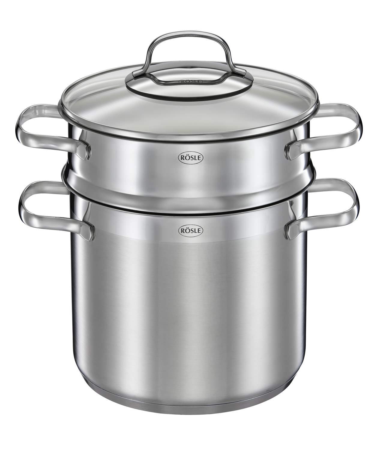 RÖSLE ELEGANCE pastapott, kvaliteetne roostevabast terasest pott pasta või köögiviljade valmistamiseks, 5 liitrit, roostevaba teras 18/10, pastasisu, sisemõõdustik, induktsioonisobiv, nõudepesumasinas pestav, 29 x 21,5 x 30,5 cm