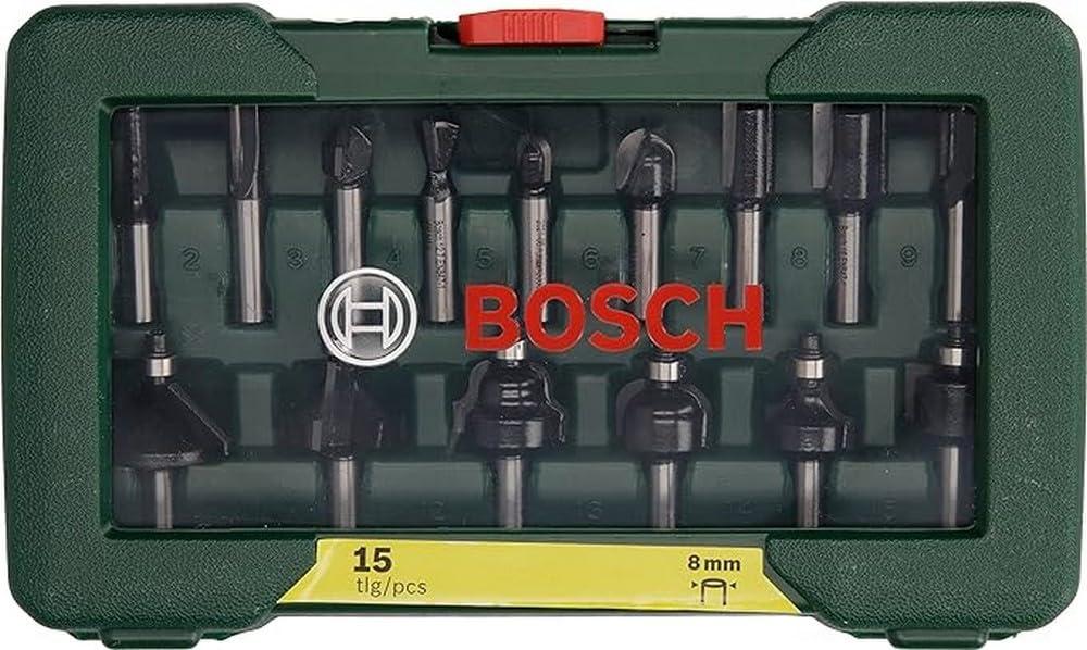 Bosch tarvikud 15-osaline kõvasulamist freesi komplekt (puutöö jaoks, 8 mm varrega, ülemise freesiga tarvik) – detailne vaade