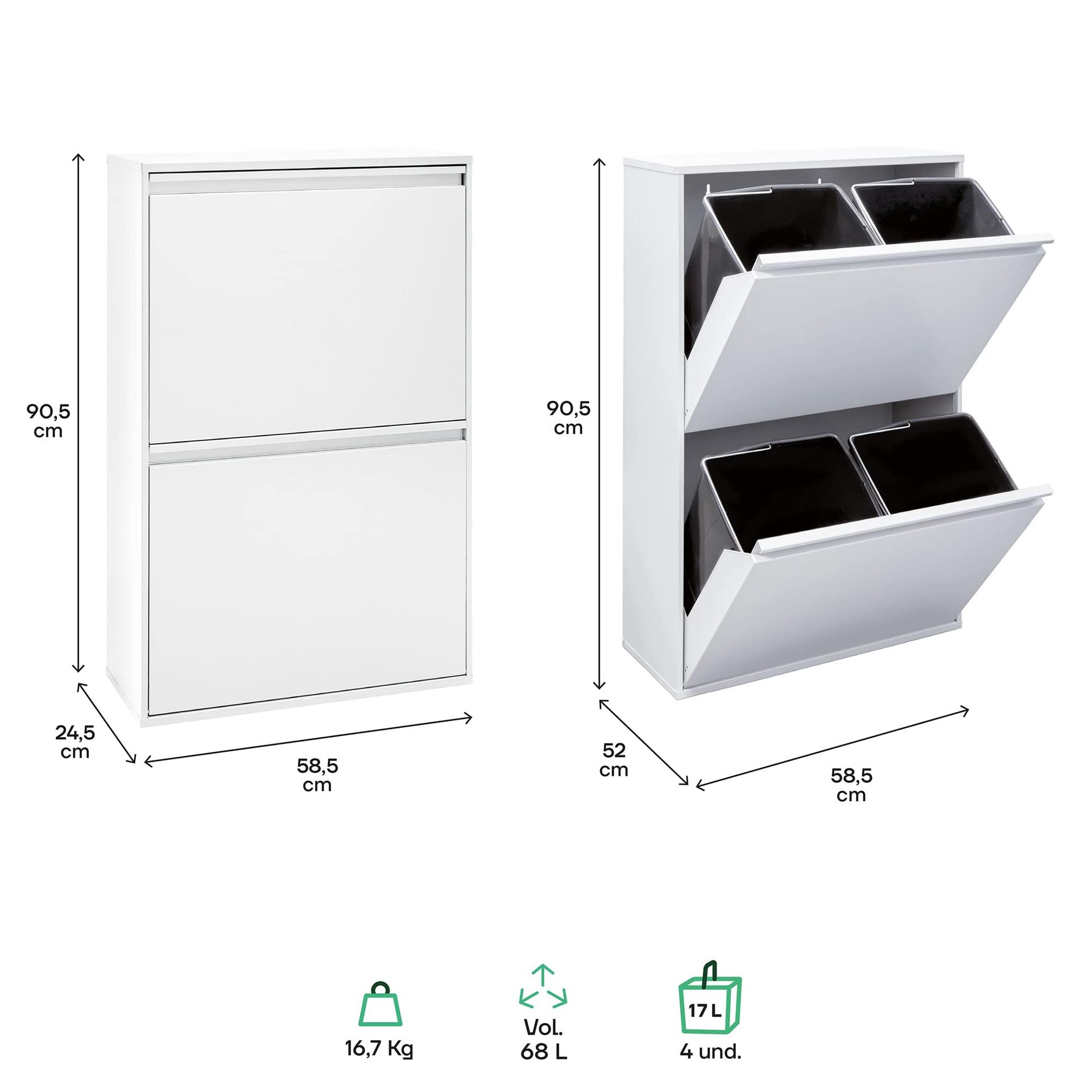 ARREGUI Basic CR601-B terasest prügisorteerimissüsteem | 4-sahtline prügikast kööki | 4-osaline prügikonteiner | 4x17L (68L) | Eemaldatavad sisekastid käepidemega | Prügikapi sorteerimislahendus | valge – lisavaade
