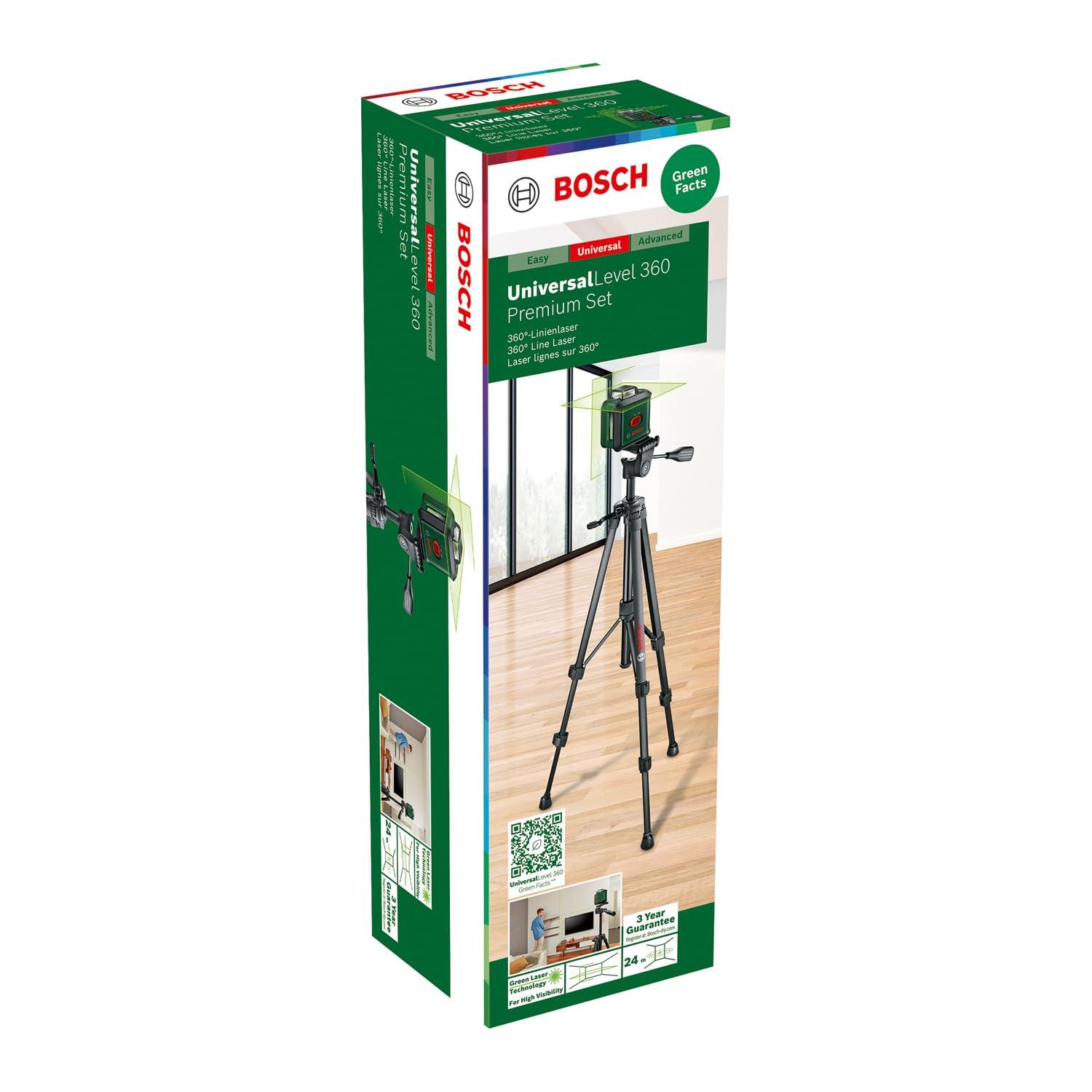 Bosch ristjoonlaser UniversalLevel 360 koos universaalklambri MM 3 ja premium-statiiviga TT 150 (vertikaalsed + horisontaalsed laserjooned, 360° joondamiseks terves ruumis, karbis) – detailne vaade