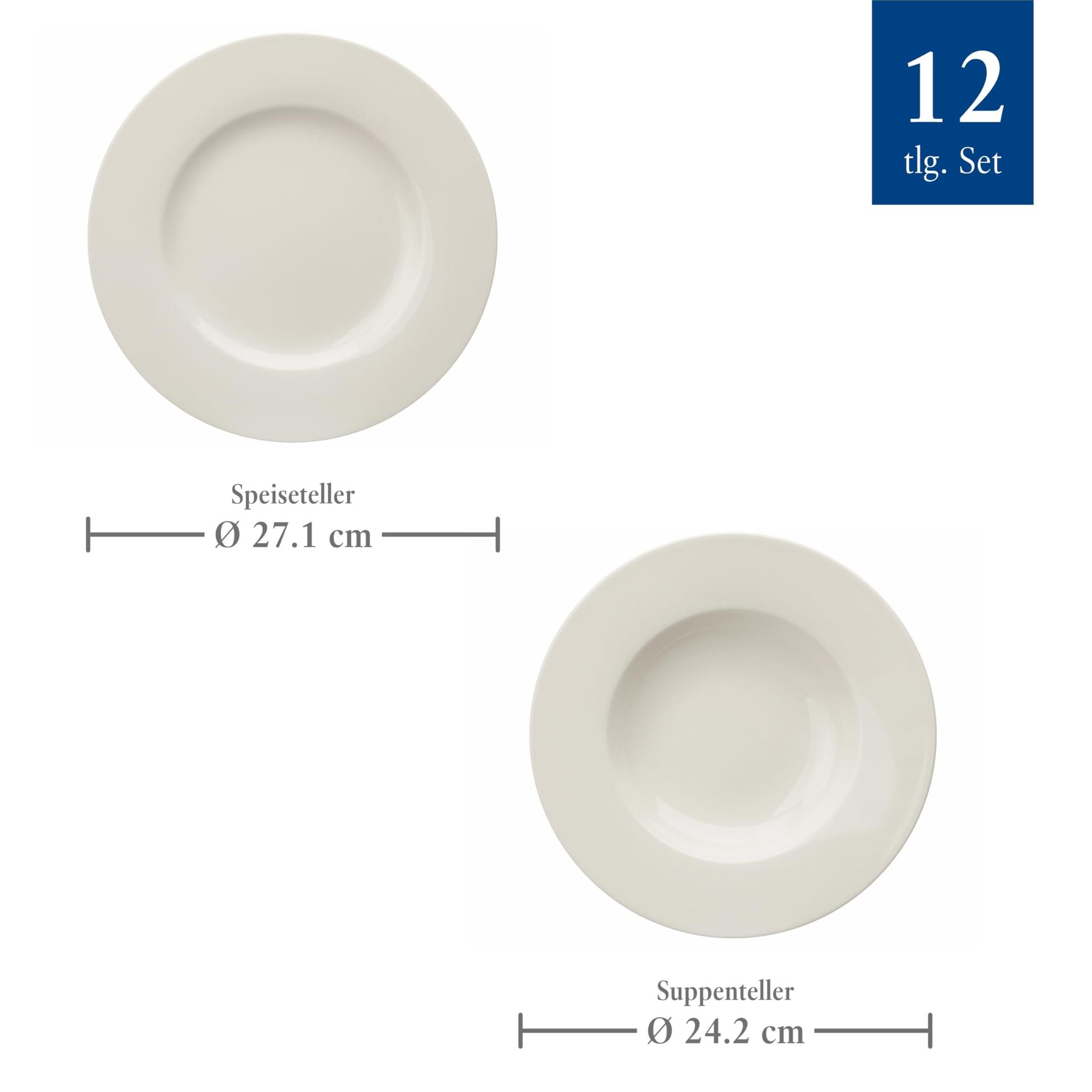 vivo by Villeroy & Boch Basic White nõudekomplekt, 12-osaline valge lauanõud, taldrikute komplekt, valge portselan, nõudekomplekt 6 inimesele, söögitaldrikud, supitaldrikud, nõudepesumasinakindel, premium portselan – pakend ja tarvikud