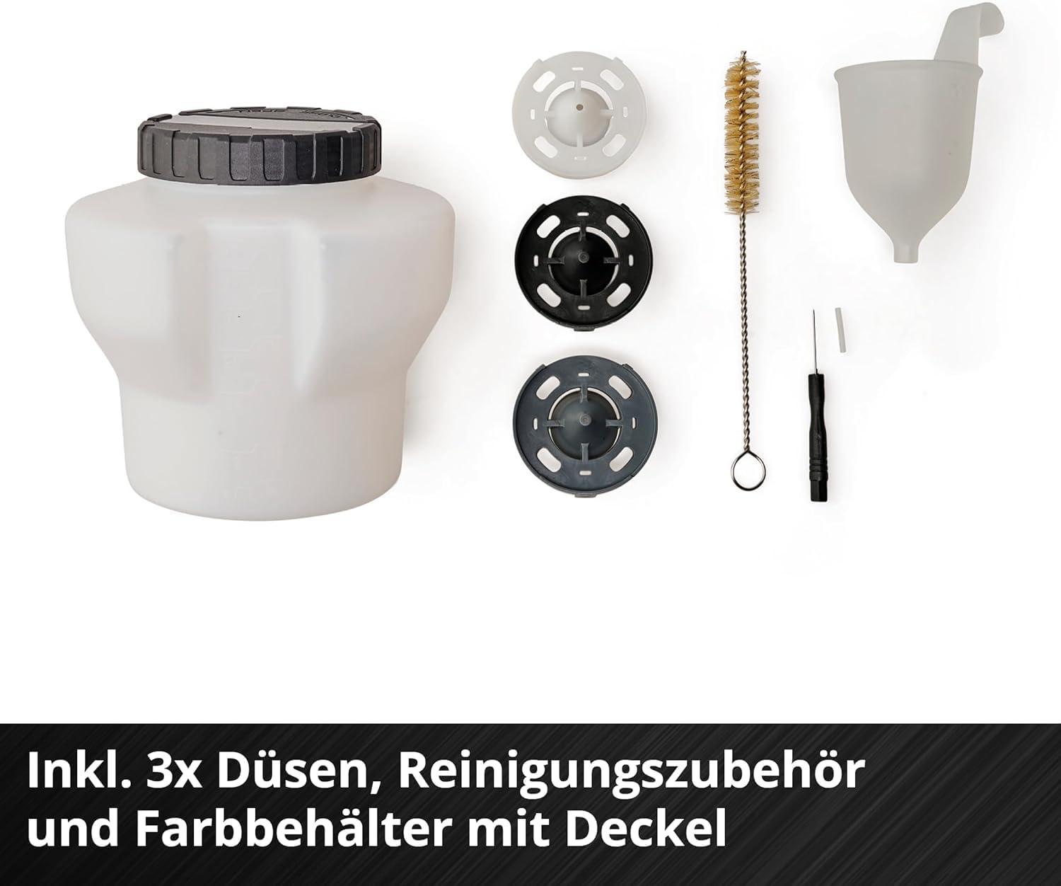 Einhell akutoitega värvipihustussüsteem TE-SY 18/90 Li-Solo Power X-Change (18 V, 1000 ml/min voolukiirus, 1200 ml mahuti, reguleeritav õhu- ja värvikogus, lisatarvikutega, ilma akuta) – lisavaade