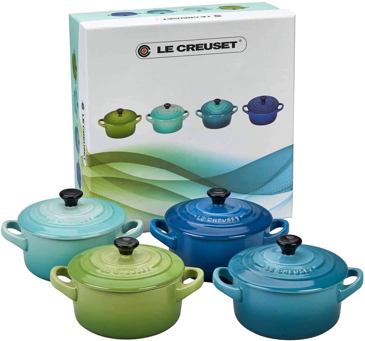 Le Creuset 4-osaline Mini Cocotte komplekt, keraamika, 200 ml, 10 x 5 cm, Meretoonid (Roheline/Türkiis/Sinine/Münt) – pakend ja tarvikud