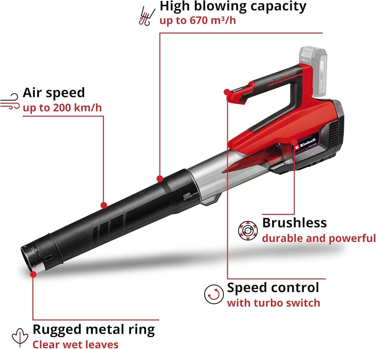Einhell Aku-lehepuhur GP-LB 18/200 Li E-Solo Power X-Change (Li-Ion, 18V, harjadeta mootor, kiiruseregulaator, aksiaalventilaatori tehnoloogia, ilma aku ja laadijata) – pakend ja tarvikud