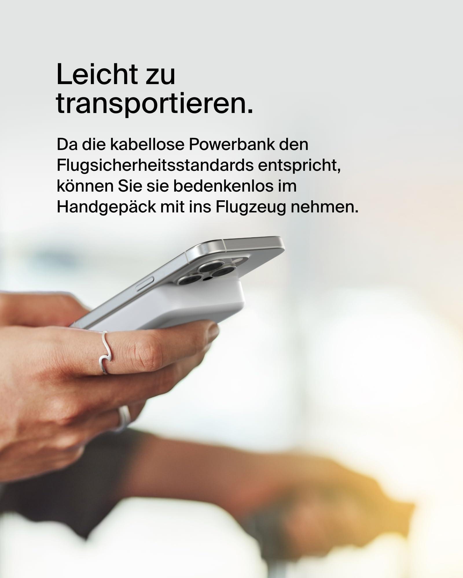 Belkin BoostCharge Pro juhtmevaba akupank 10 000 mAh Qi2 ja MagSafe ühilduvusega – integreeritud alusega kaasaskantav laadija iPhone 16, 15, 14, 13 ja 12 jaoks – Valge – kasutusnäide