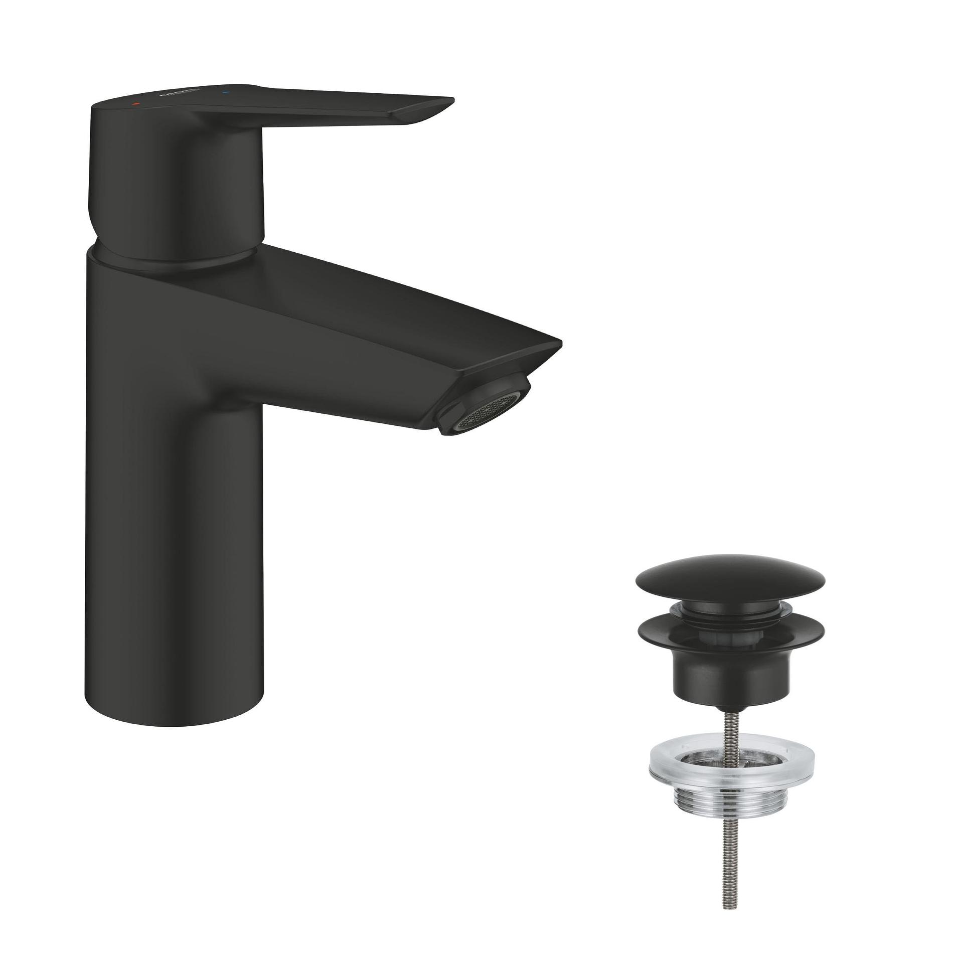 GROHE Start – säästlik vannitoasegisti (külmtüübi keskpositsiooniga energiakokkuhoiuks, 17 cm kõrge, veesäästlik, Push-Open äravoolusüsteem), matt must, 235512432