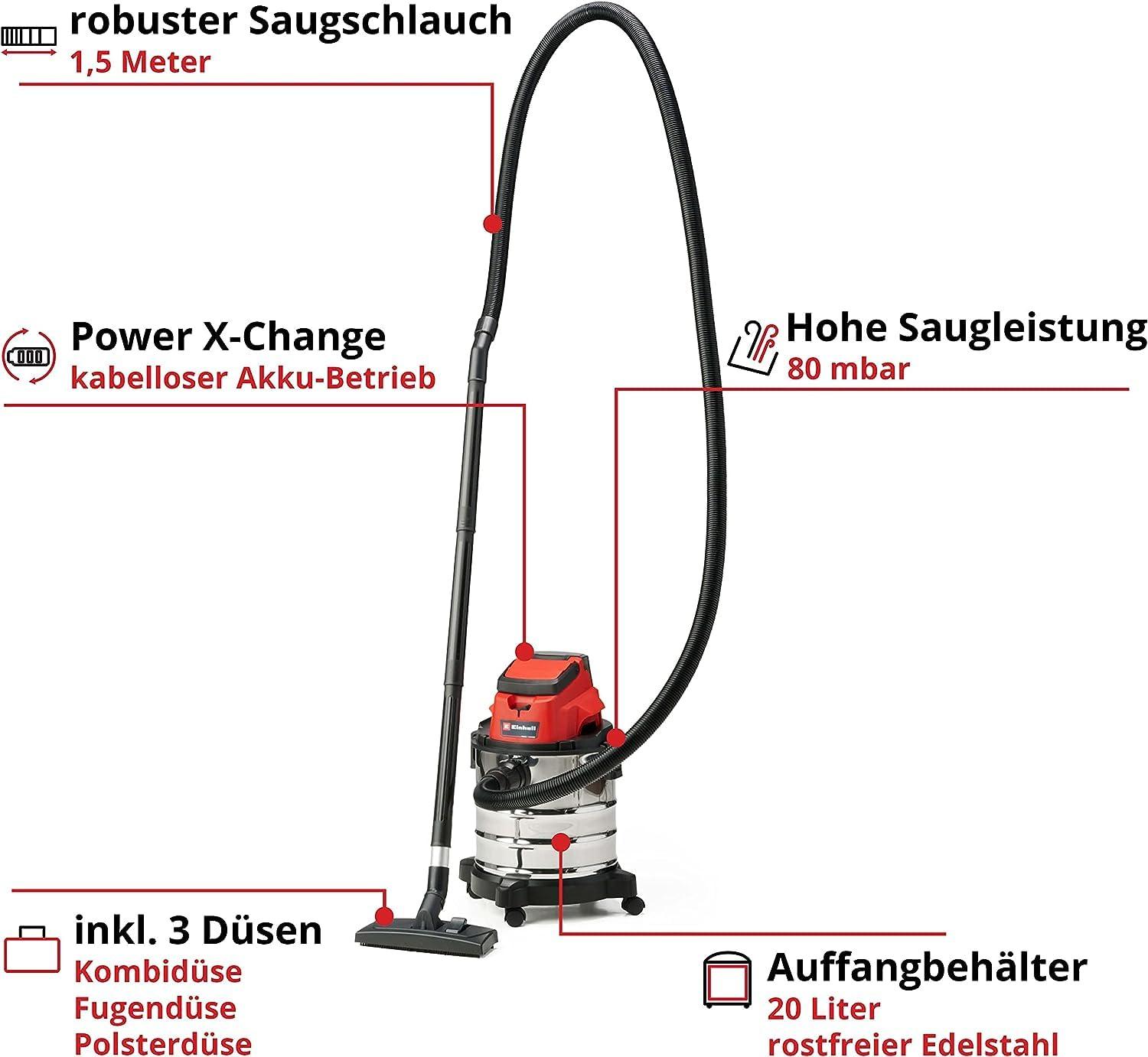 Einhell akuga märg- ja kuivtolmuimeja TC-VC 18/20 Li S-Solo Power X-Change (Li-Ion, 18V, 20 l roostevabast terasest mahuti, puhumisfunktsioon, koos düüside ja filtriga, ilma aku ja laadijata), must/punane – pakend ja tarvikud