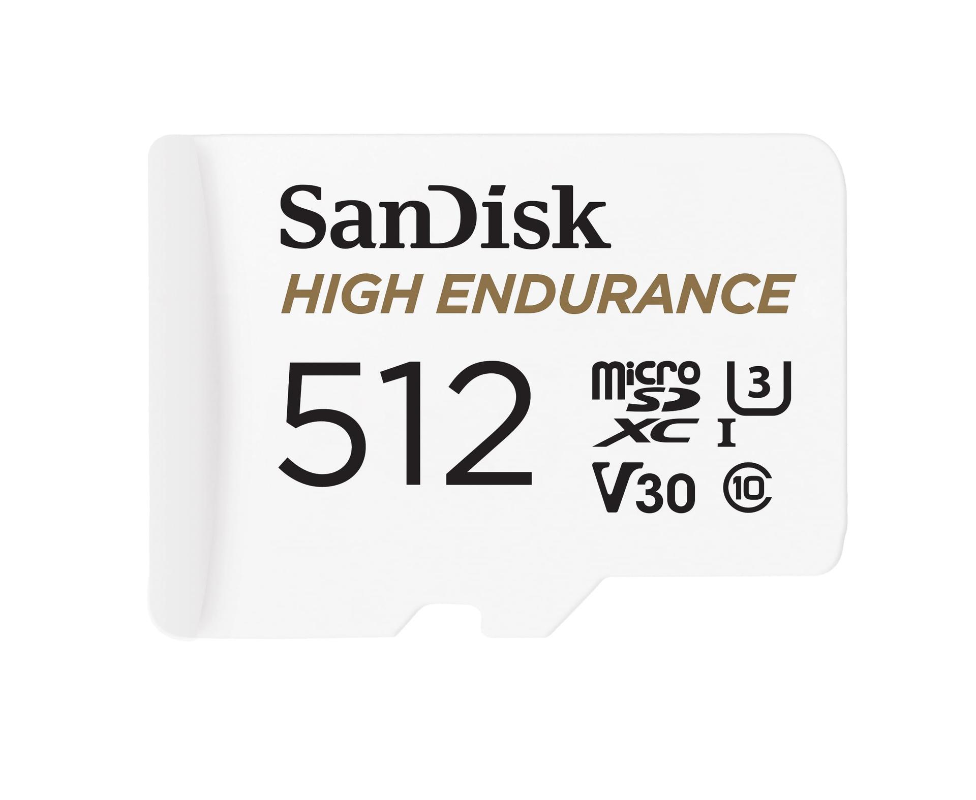 SanDisk High Endurance microSDXC mälukaart 512 GB + adapter (Dash-kaamerate ja turvakaamerate jaoks, 100 MB/s lugemiskiirus, V30 Full-HD ja 4K-videote jaoks)