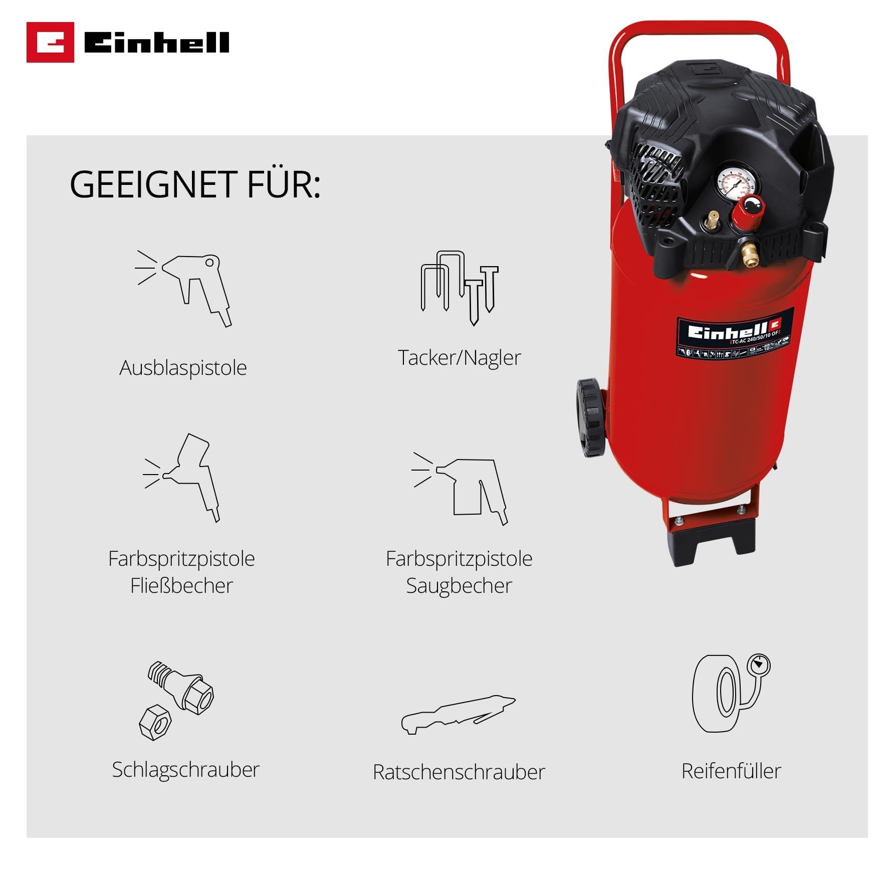 Einhell Kompressor TC-AC 240/50/10 OF (1500 W, max. 10 bar, 50 l paak, 240 l/min imemisvõimsus, mootori pöörlemiskiirus 18000 min^-1, rõhuregulaator, manomeeter, õlivaba) – pakend ja tarvikud