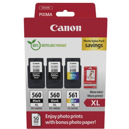 Canon originaaltint PG-560XL x 2 / CL-561XL (3 tindikassetti; 2x must XL + 1x värviline XL) - Foto väärtuspakett (sisaldab Canon fotopaberit GP-501 50 lehte 10x15cm)
