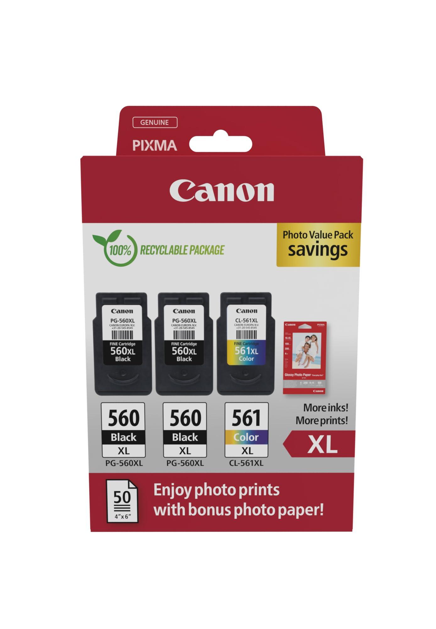 Canon originaaltint PG-560XL x 2 / CL-561XL (3 tindikassetti; 2x must XL + 1x värviline XL) - Foto väärtuspakett (sisaldab Canon fotopaberit GP-501 50 lehte 10x15cm)