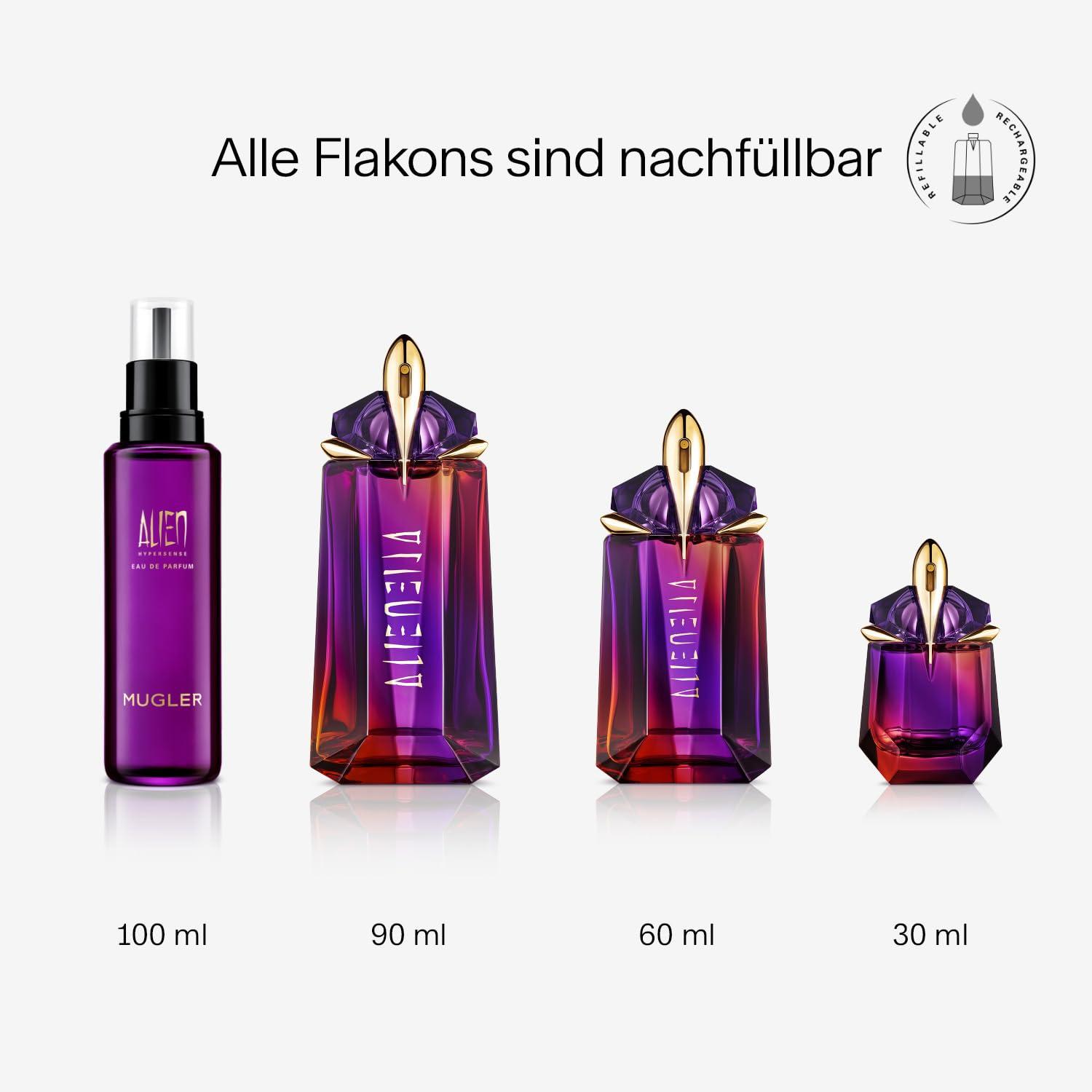 MUGLER Alien Hypersense Eau de Parfum – Naiste parfüüm, puuviljane, puidune ja lilleline aroom, hüpermodernne ja hüperfeminiinne, taastäidetav, 90 ml – kasutusnäide