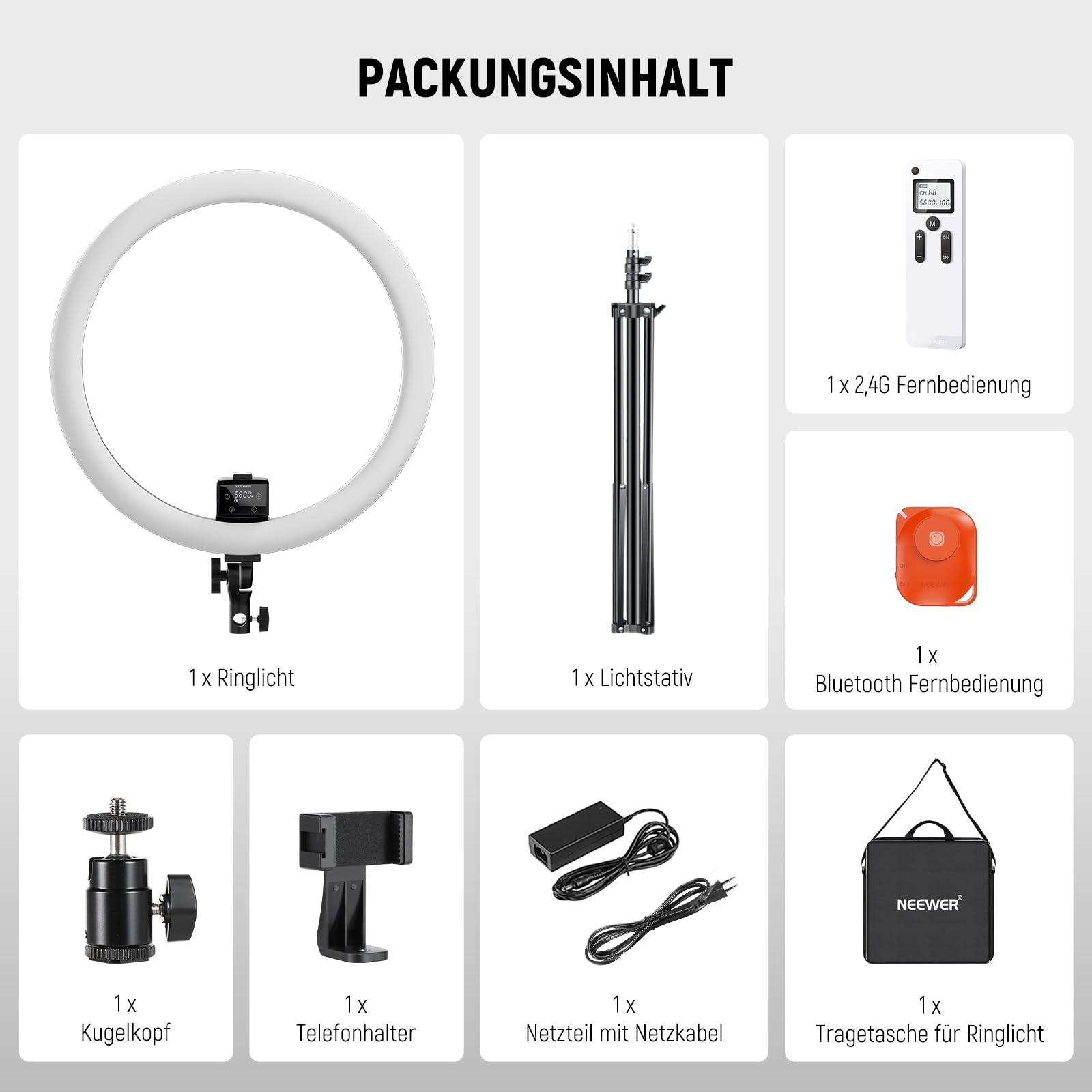 NEEWER Ringvalgusti SRP18-2,4G 18-tolline LED koos statiivi ja telefoniklambriga, 2,4G & puutetundlik manuaalne juhtimine, 42W 3200-5600K valgustus tätoveeringutele, ripsmetele, juuksuritele ja fotograafiale (must) – pilt 9