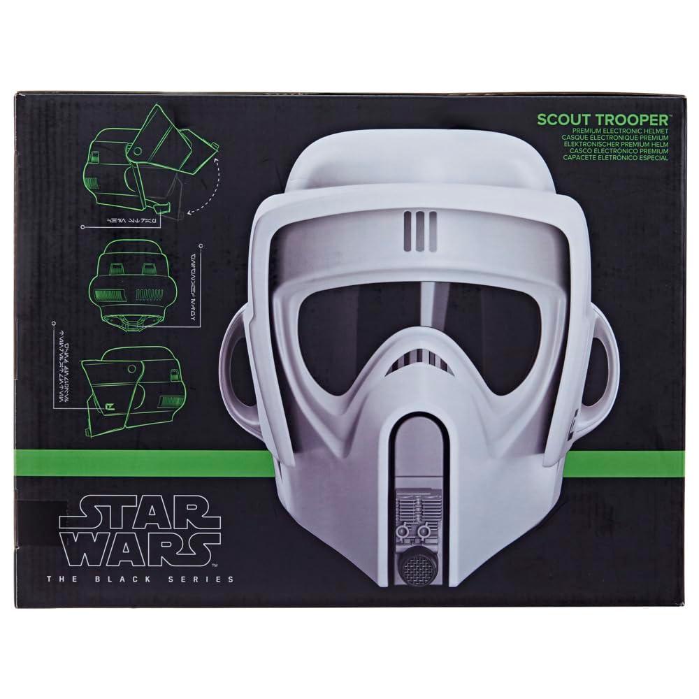 Star Wars The Black Series Scout Trooper elektrooniline kiiver – Jedi tagasitulek, täiskasvanutele – pakend ja tarvikud