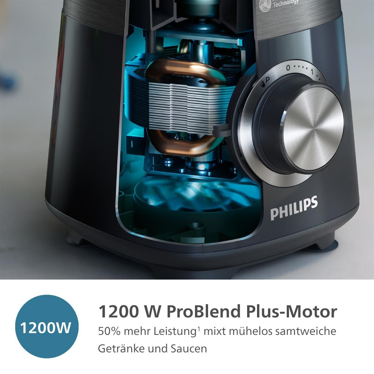 Philips 5000-seeria blender koos Blend-and-Go anumaga – 1200 W, 2L maht, ProBlend Plus tehnoloogia, nõudepesumasinas pestav, automaatne puhastus, must (HR3041/00) – pakend ja tarvikud