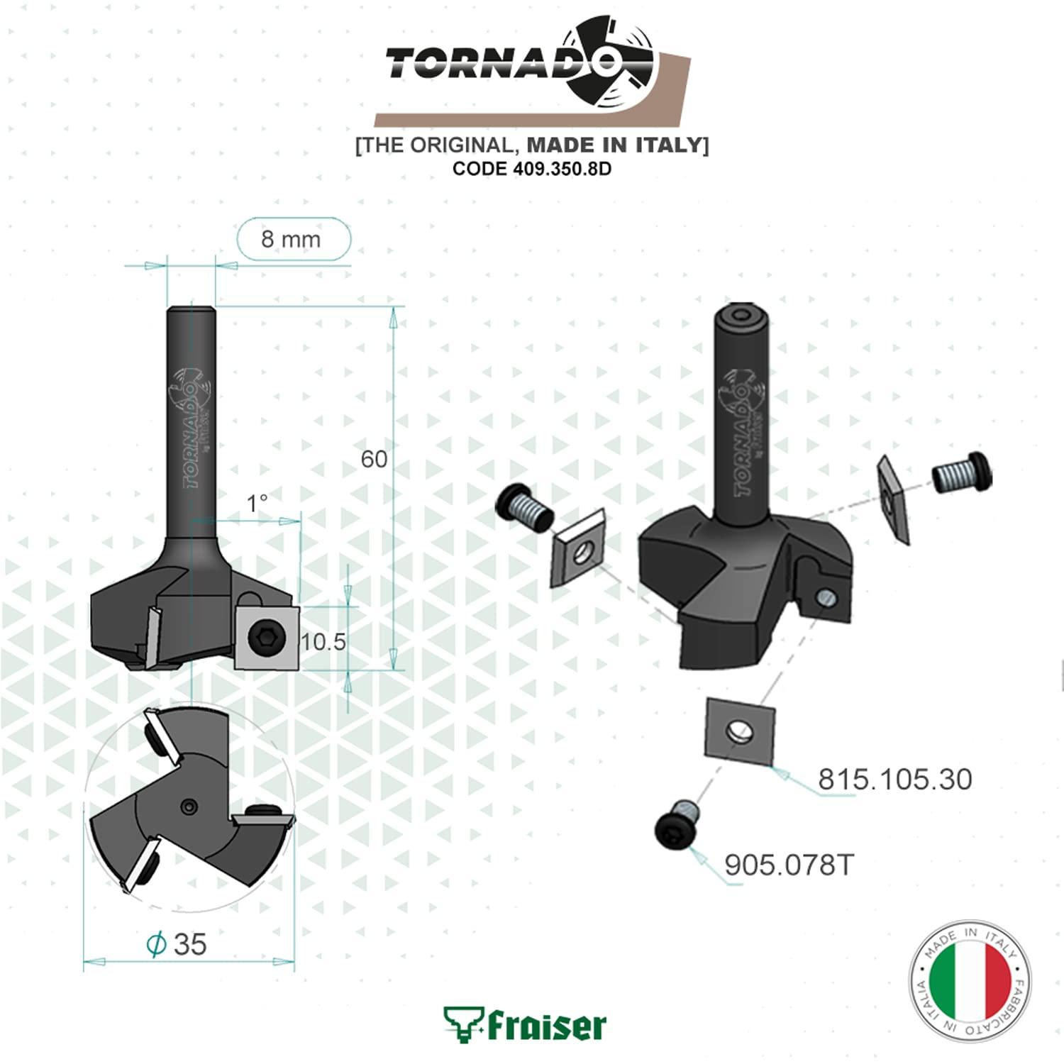 TORNADO Fraiser tasafrēes 8mm varrega puidule, läbimõõt 35 mm, 3 vahetatava kõvasulamm-teraga, kaetud 10,5 x 10,5 mm, ülafreesile (D=35 I=10.5 S=8) – detailne vaade