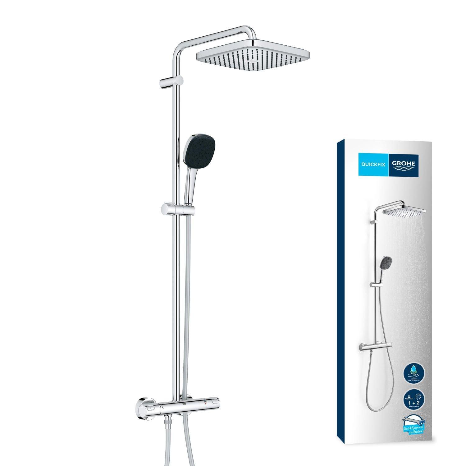 GROHE Vitalio 250 – Veesäästlik dušisüsteem – 8 l/min (2 pihustusrežiimi, pööratav peadušivarre, 38°C ohutuslukk, katlakivivastane süsteem), kandiline, kroom, 26696001