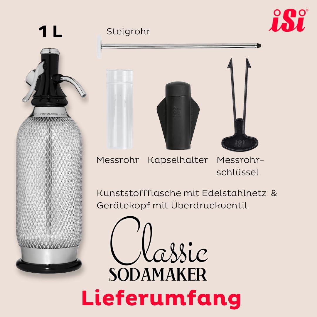 iSi 1060 Sodamaker Classic, 1,0 L, mullivee valmistaja, PEN-pudeliga roostevõrgus, süsihappegaasiga mullivee valmistamiseks, vintage-stiilis baaritarvik, roostevaba teras – pakend ja tarvikud