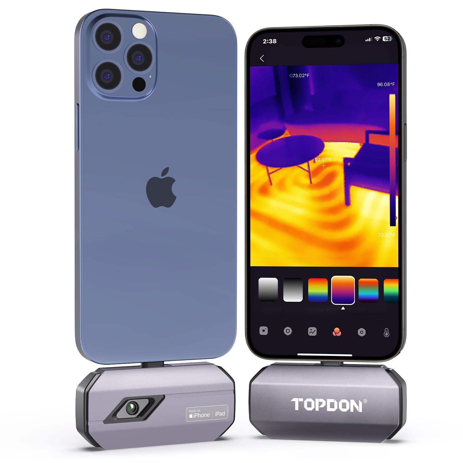 TOPDON TC002C termokaamera iPhone 15/16 seeria ja iPadide jaoks (USB-C ühendus). IR-eraldusvõime 512 x 384 px, temperatuuriulatus –20 °C kuni +550 °C