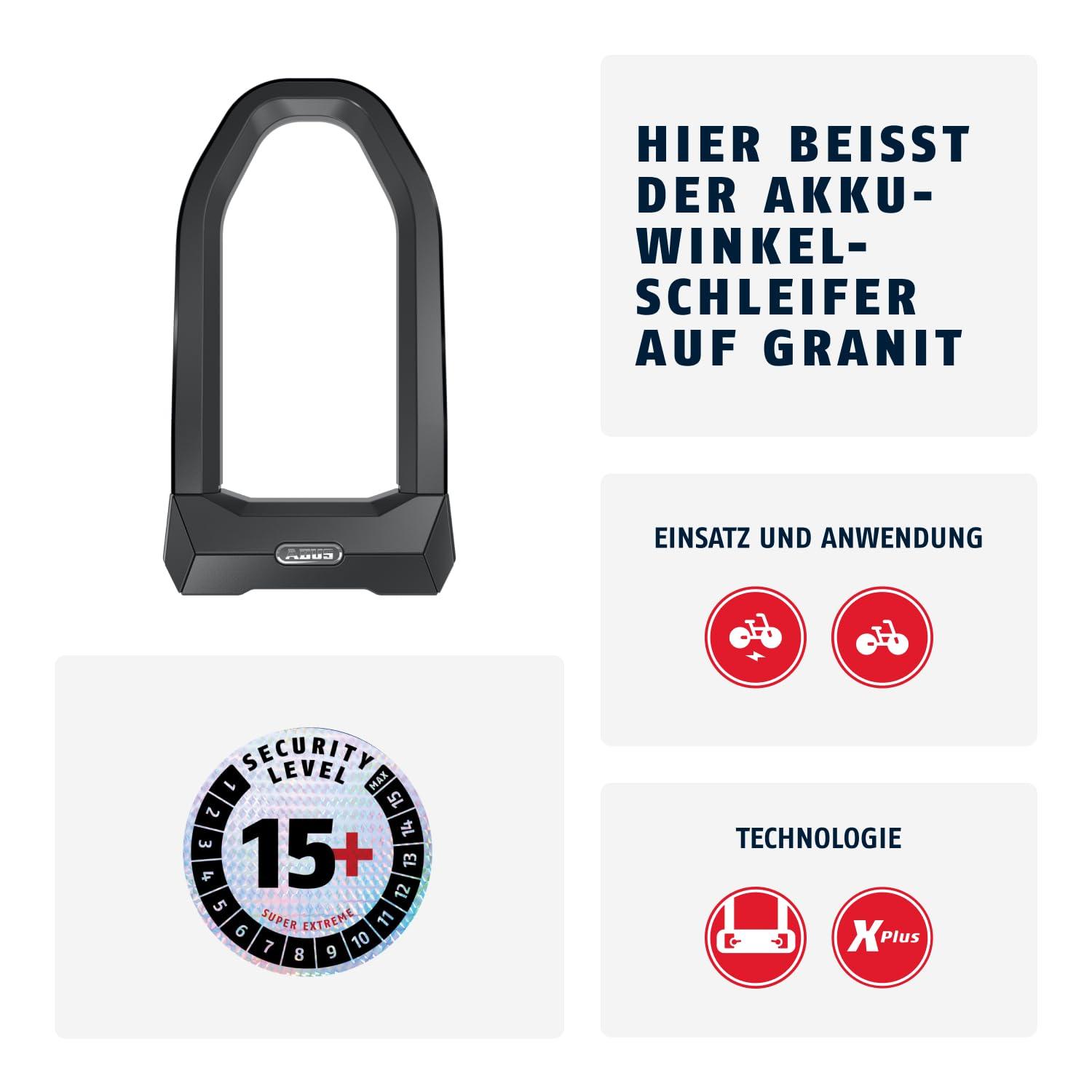 ABUS U-lukk Granit Super Extreme 2500/165HB230 – spetsialiseeritud nurgasae lõikevõtete vastu, sobib jalgrattale ja E-rattale, turvatase 15+, koos USH2500 kinnitusvahendiga – detailne vaade