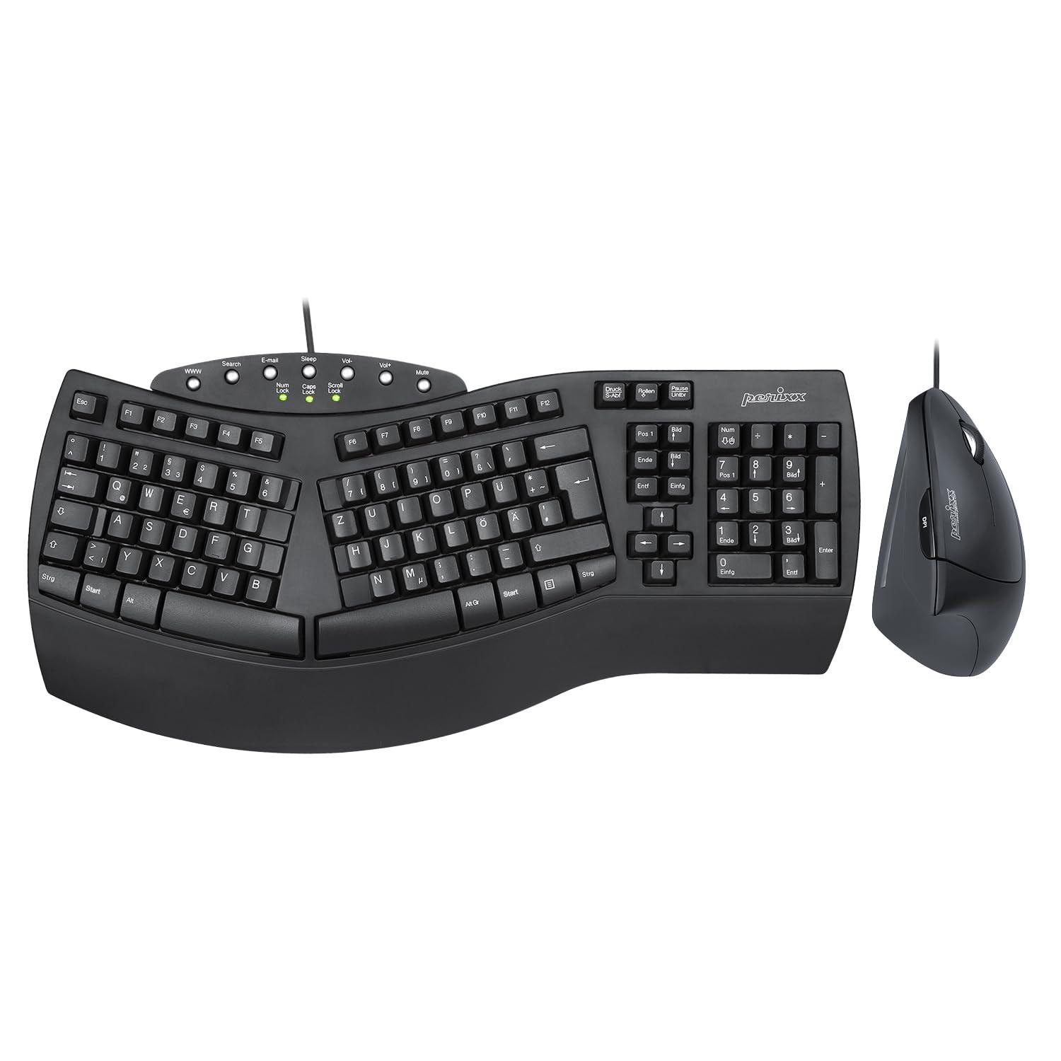 Perixx PERIDUO-512B ergonoomiline klaviatuuri ja hiire komplekt – vertikaalne ergohiir, juhtmega USB-ühendus, must – mugav QWERTZ paigutus