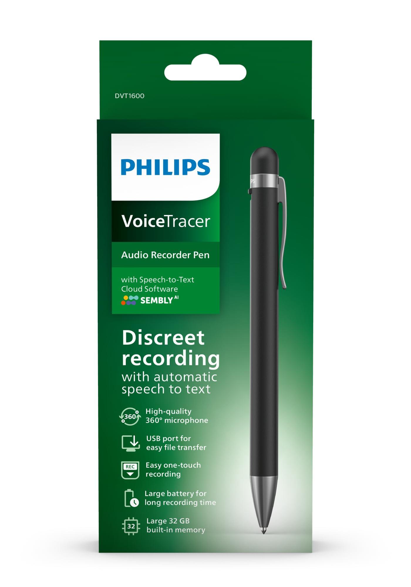 Philips VoiceTracer DVT1600 pliiats, 32 MB helisalvesti Sembly AI kõnetuvastusega mitmele kõnelejale – pakend ja tarvikud