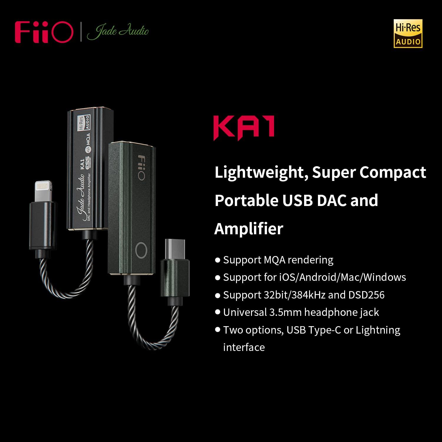 FiiO JadeAudio KA1 kõrvaklapivõimendi, väike USB-DAC, kõrglahutusega, 3,5 mm, kadudeta heli, nutitelefonidele/PC-le/sülearvutitele/mängijatele (tüüp C, must) – pakend ja tarvikud