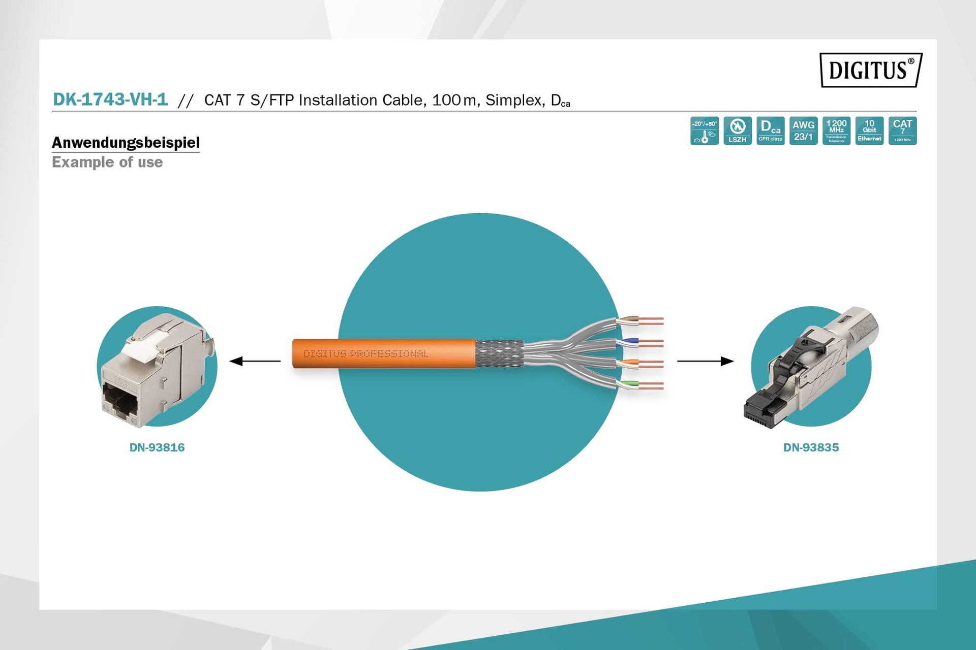 DIGITUS 100 m Cat 7 võrgukaabel – S-FTP (PiMF) Simplex – BauPVO Dca – LSZH halogeenivaba – 1200 MHz vask AWG 23/1 – PoE+ ühilduv – LAN kaabel paigalduskaabel Ethernet kaabel – Oranž – pakend ja tarvikud