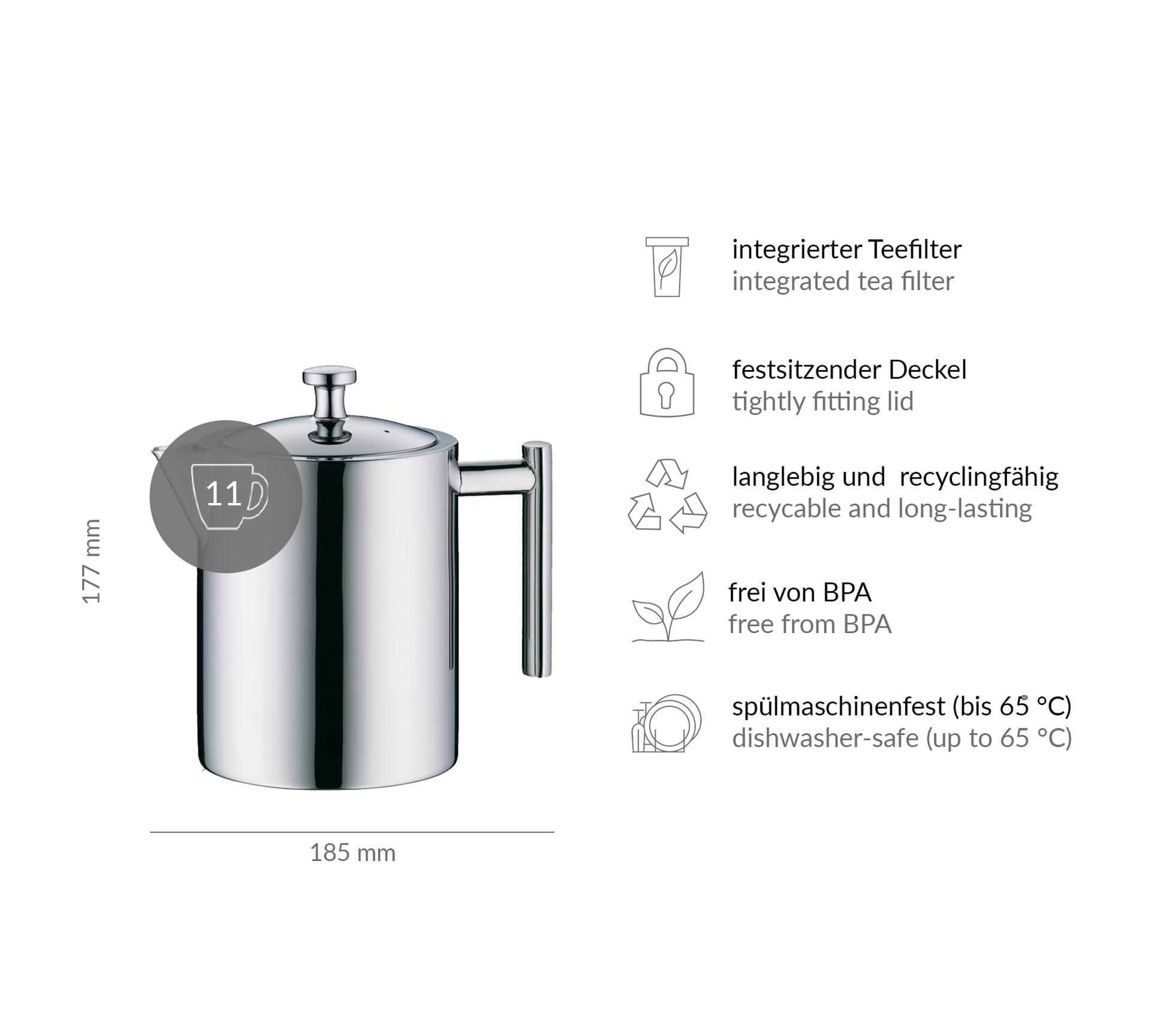 alfi TEA POT 1,40l, roostevabast terasest isoleerkann teesõela ja teepüüdjaga, vastupidav termokann, ideaalne lahtise tee jaoks, nõudepesumasinas pestav, BPA-vaba – pilt 7
