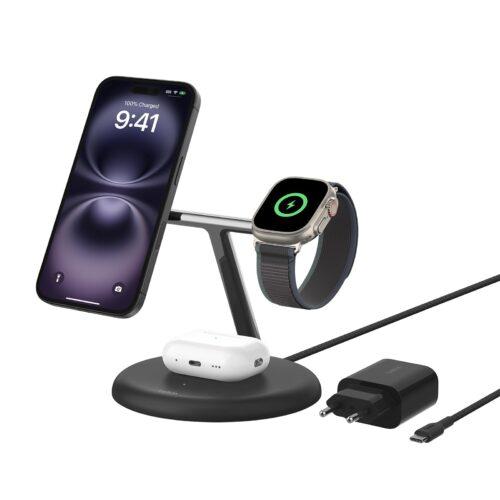 Belkin juhtmevaba 3-in-1 laadimisjaam magnetilise MagSafe-ühilduva Qi2 tehnoloogiaga