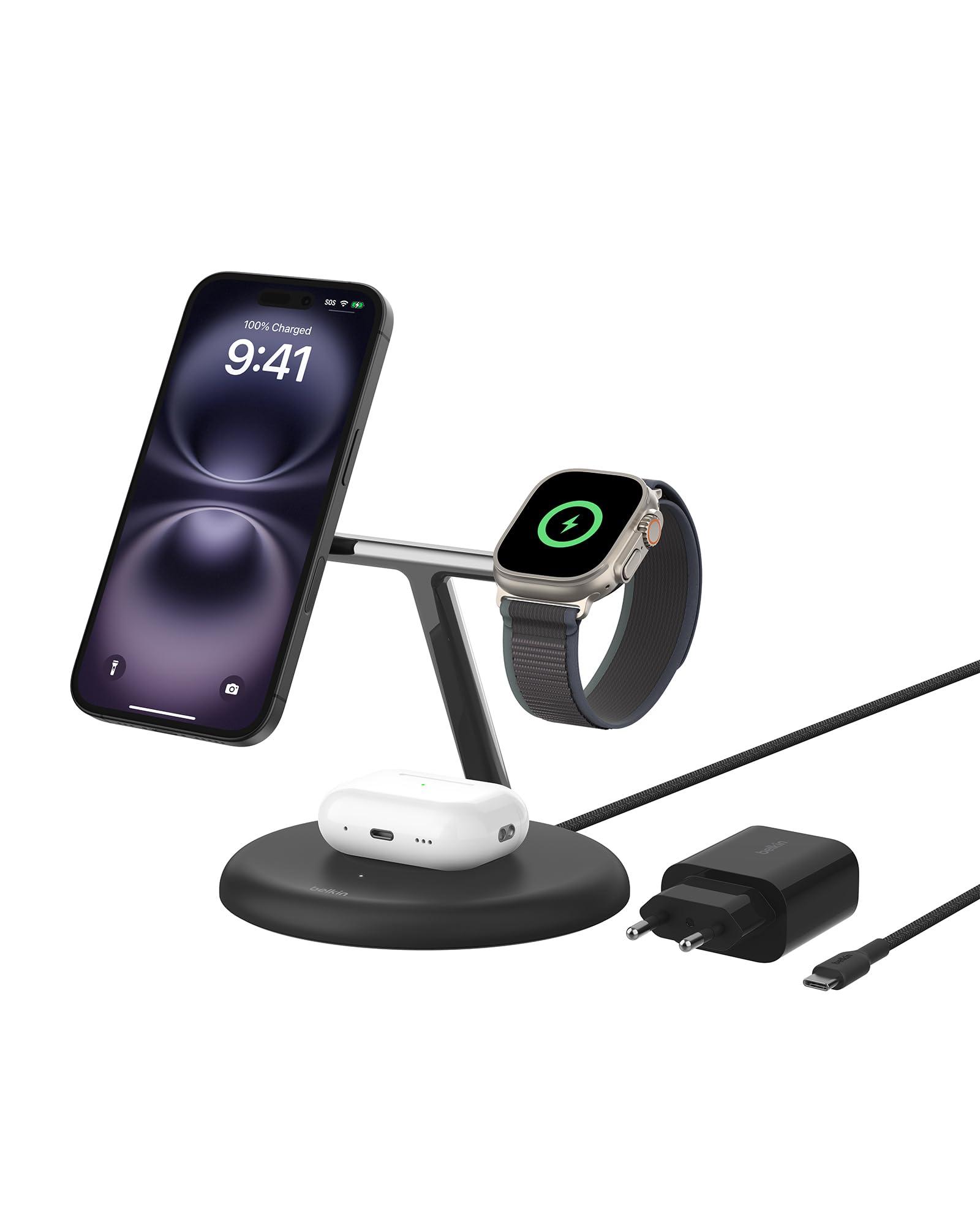 Belkin juhtmevaba 3-in-1 laadimisjaam magnetilise MagSafe-ühilduva Qi2 tehnoloogiaga, 15 W, sobib iPhone 16, 15, 14, 13 seeriaga, AirPods, Apple Watch – must