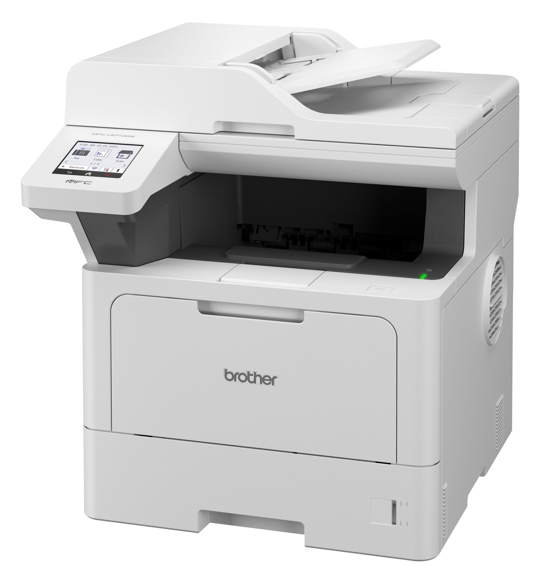 Brother MFC-L5710DW 4-ühes multifunktsionaalne printer must-valge (A4, 48 lk/min, 1200×1200 DPI, LAN, WLAN, Duplex-ADF, 250-leheline paberikassett) valge/hall – pakend ja tarvikud