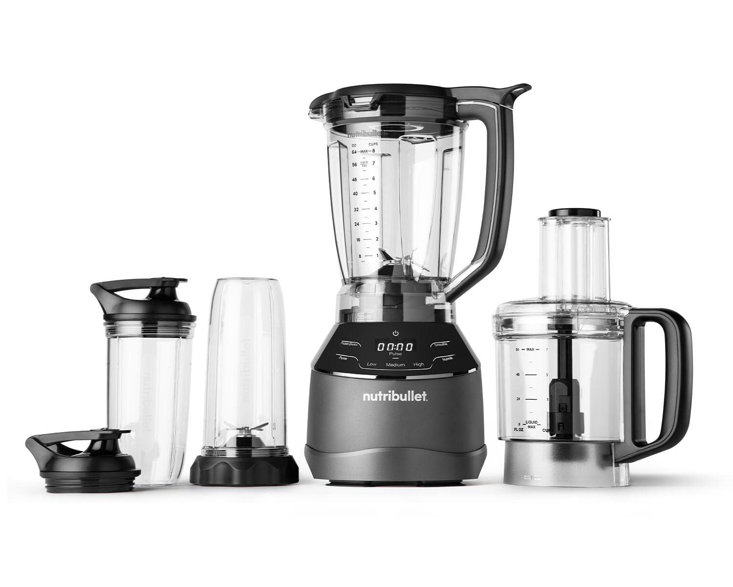 nutribullet täissuuruses blenderi komplekt, elektriline mikser, multifunktsionaalne hakkija, professionaalne, 1200W võimsus, 1,89L kann, 946ml ja 710ml klaasid, must, NBF500MB – pakend ja tarvikud