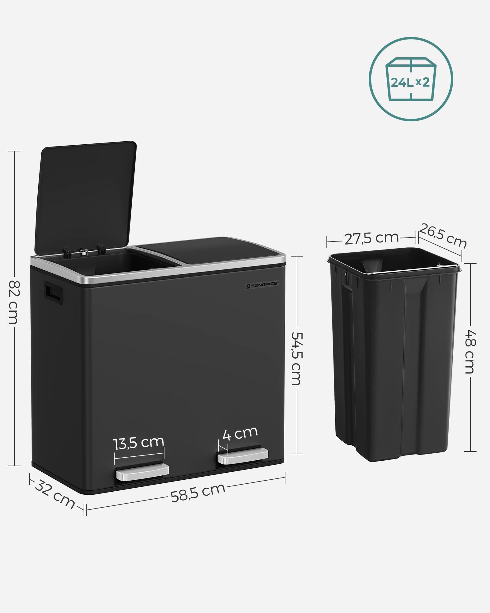 SONGMICS prügikast, jäätmete sorteerimissüsteem 2 sektsiooniga, pedaaliga köögiprügikast, 48 L, pehme sulgumisega, plastikust sisekonteinerid, must LTB48BK, 58,5 x 32 x 54,5 cm – pilt 6