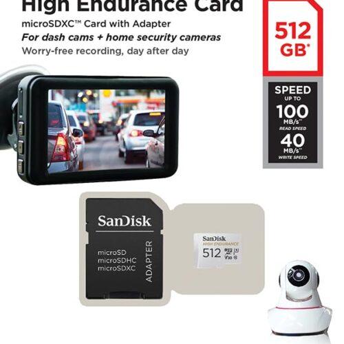 SanDisk High Endurance microSDXC mälukaart 512 GB + adapter (Dash-kaamerate ja turvakaamerate jaoks