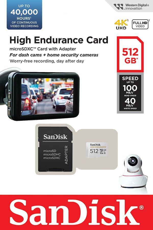 SanDisk High Endurance microSDXC mälukaart 512 GB + adapter (Dash-kaamerate ja turvakaamerate jaoks, 100 MB/s lugemiskiirus, V30 Full-HD ja 4K-videote jaoks) – detailne vaade