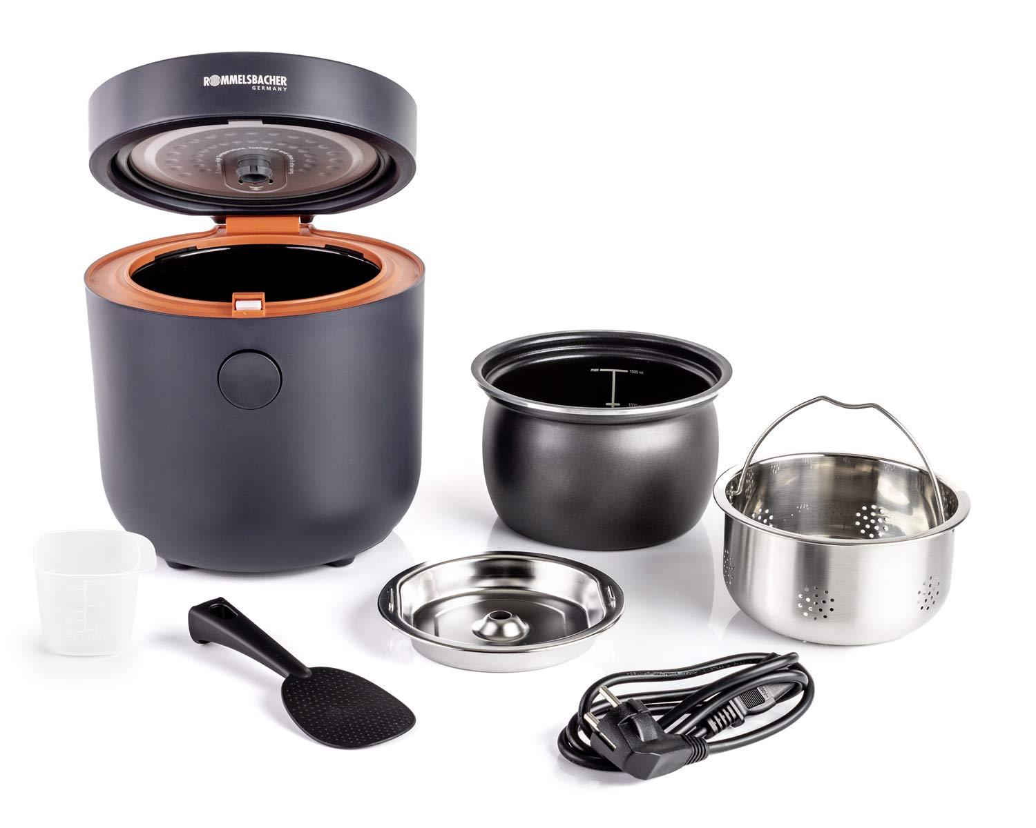 Rommelsbacher Multi Reisikeetja MRK 500 – 6 programmi (Valge riis, Täisterariis, Low Carb, Supp, Piimariis, Soojendamine), Cool-Touch korpus, eemaldatav mittenakkuva kattega sisepott, 500 W – pakend ja tarvikud