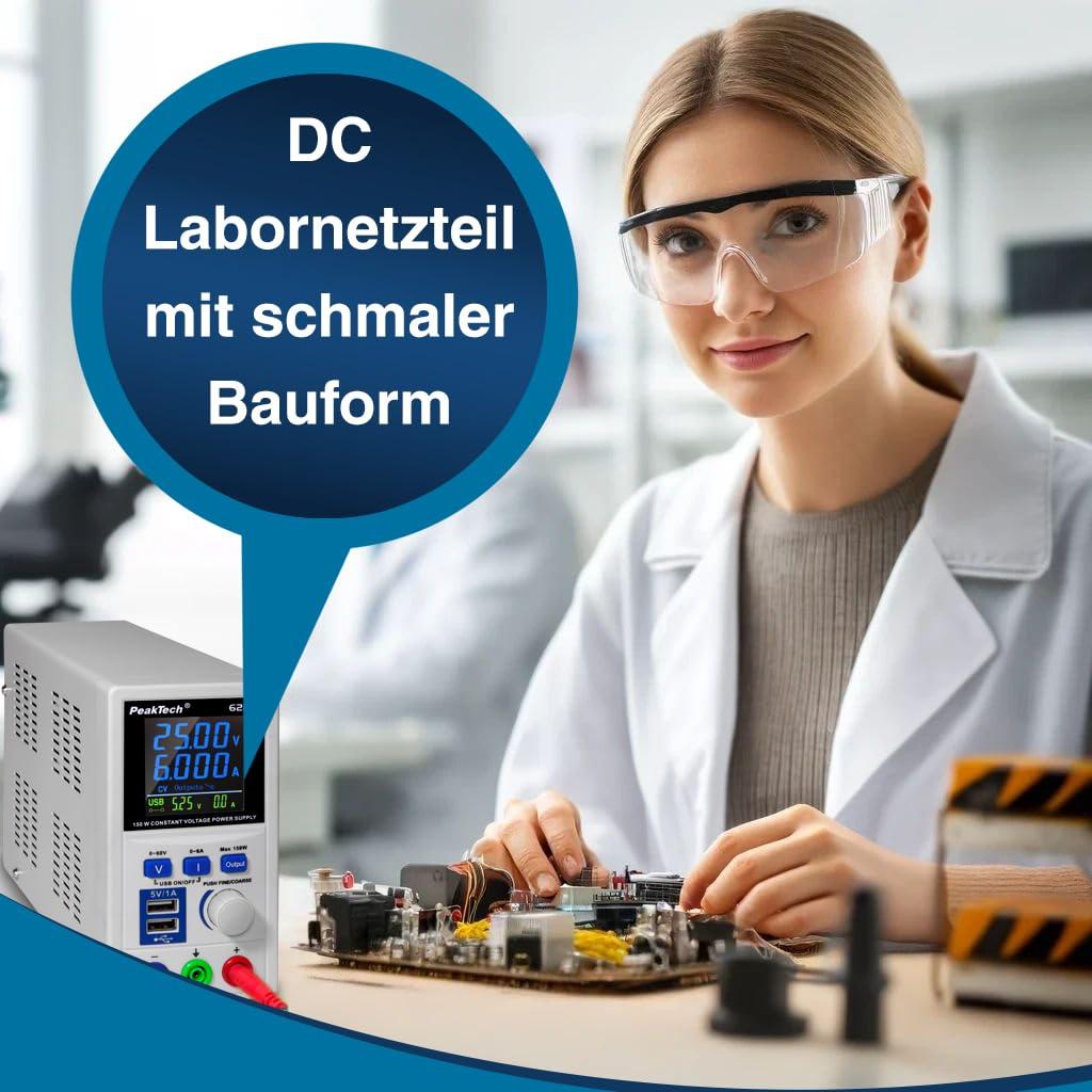 PeakTech P 6227 – DC Laboritoite Toiteplokk 0-60V/0-6 A LCD Ekraan, Laborivõrgutoiteplokk 2x USB-pordiga, Reguleeritava Väljundpingega Toiteallikas, Sisendpinge 115-240V AC 50-60Hz EN 61010-1 – detailne vaade