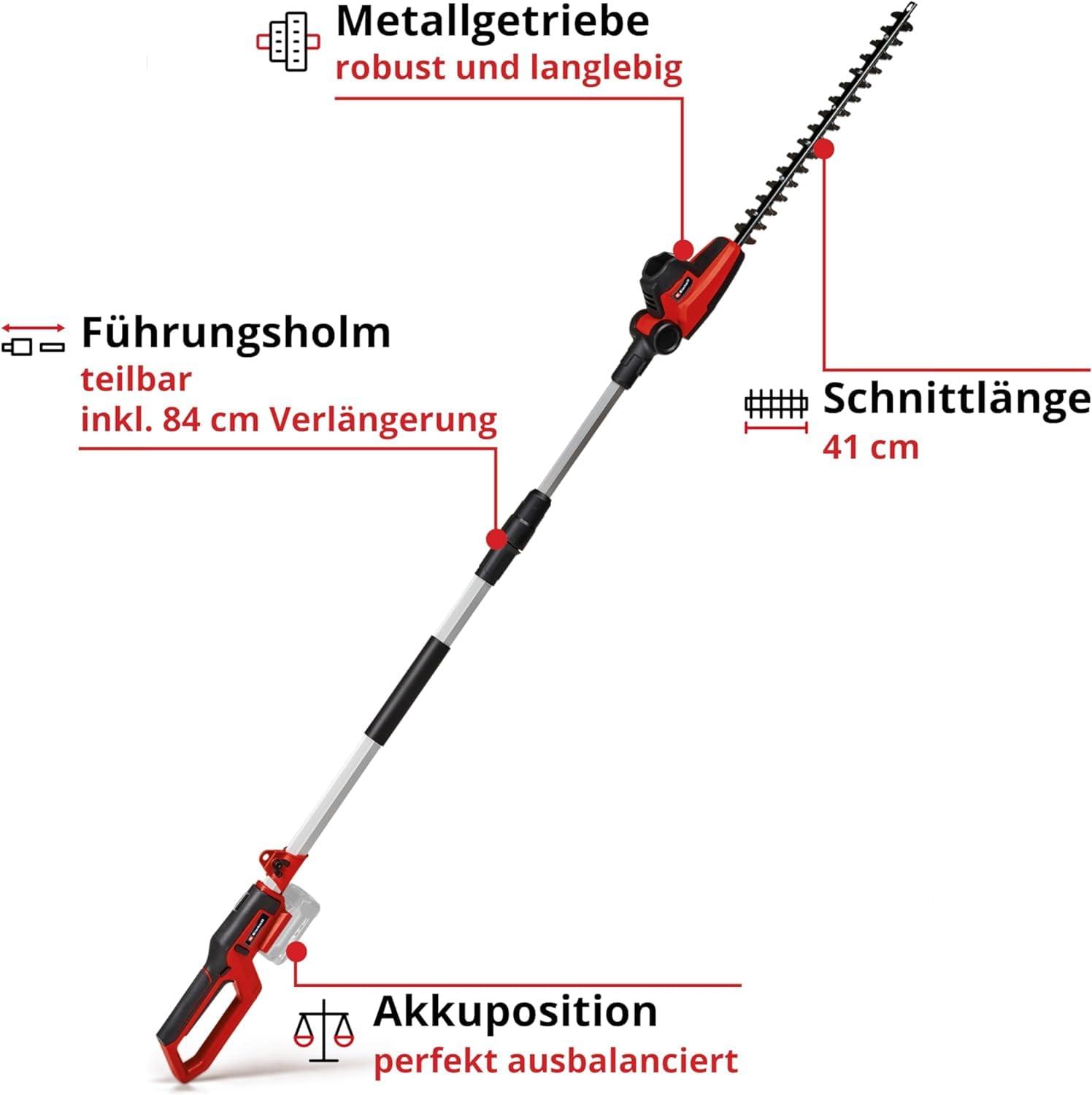 Einhell akuga teleskoop-hekilõikur GC-HH 18/45 Li T-Solo Power X-Change (liitiumioon, pööratav põhikäepide, metallülekanne, 7-astmeline mootoripea, ilma aku ja laadijata) – pakend ja tarvikud