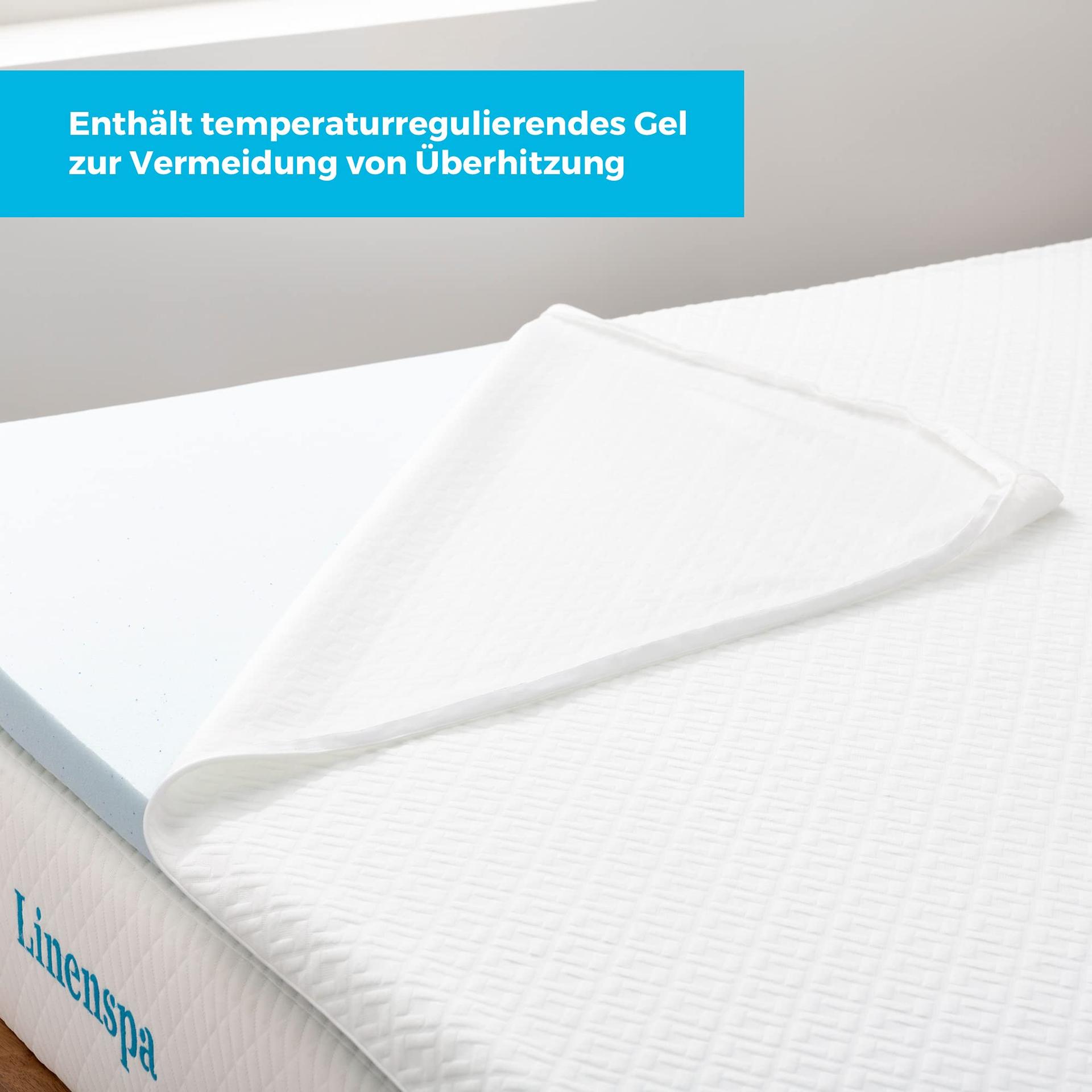 Linenspa madratsitopper 140 x 200 cm, 5 cm kõrge – geelmäluvahuga madratsikate ja pestava lukuga kattega – Öko-Tex – pakend ja tarvikud