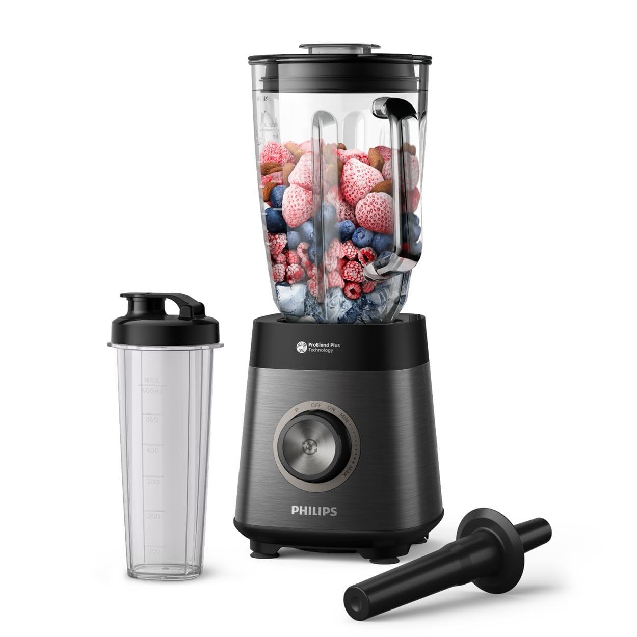 Philips 5000-seeria blender koos Blend-and-Go anumaga – 1200 W, 2L maht, ProBlend Plus tehnoloogia, nõudepesumasinas pestav, automaatne puhastus, must (HR3041/00)