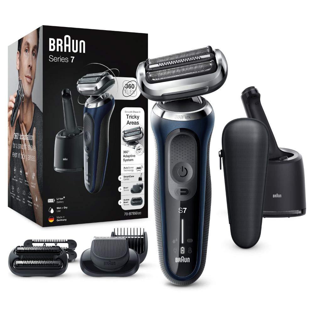 Braun Series 7 meestele mõeldud pardel 360° kohandusega, elektriline habemeajamismasin ja trimmer, 3-päevase habeme trimmer, puhastusjaam, AutoSense, märg ja kuiv raseerimine, EasyClick funktsioon, 70-B7850cc, sinine
