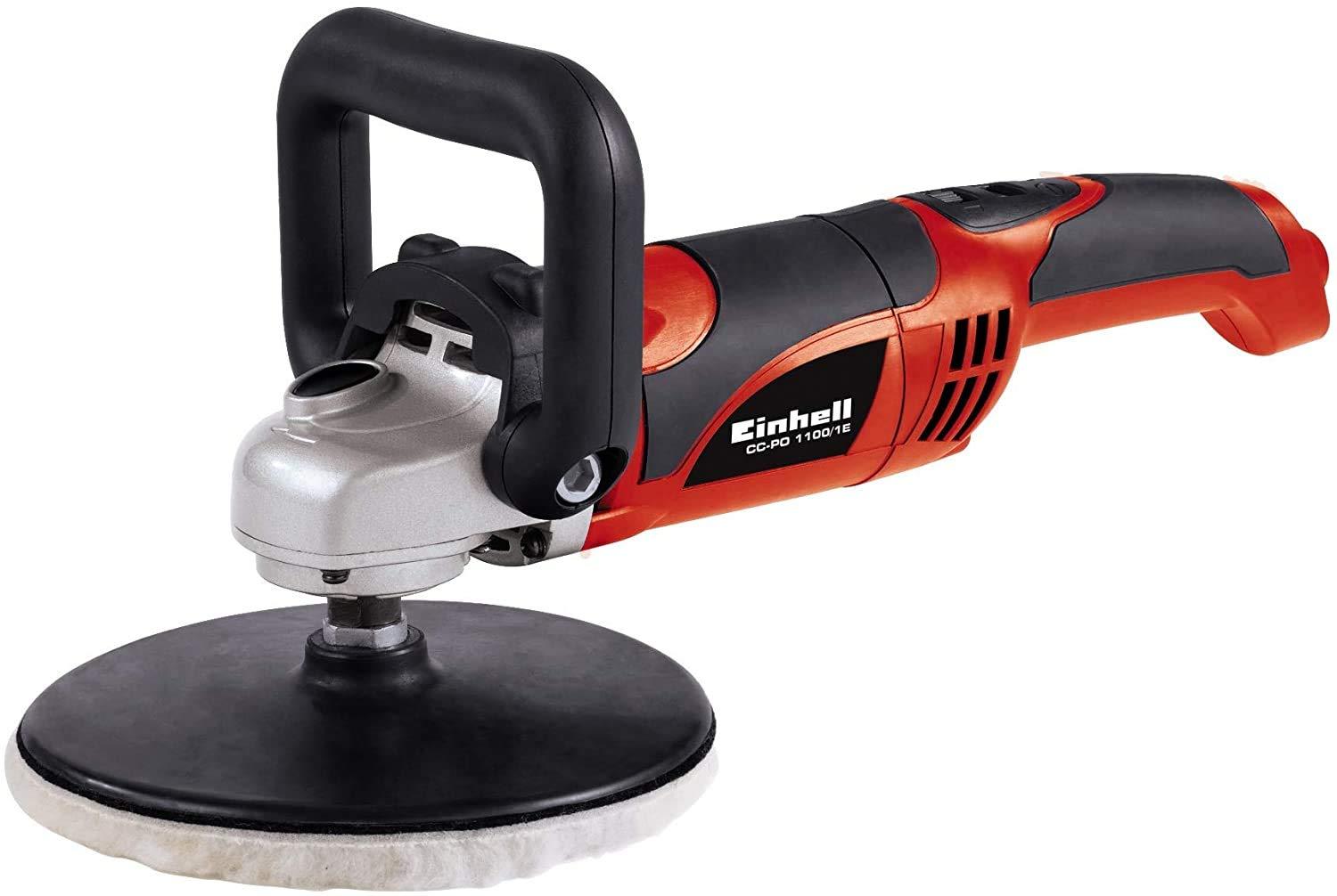 Einhell poleerimis- ja lihvimismasin CC-PO 1100/1E (1.100 W, kuni 3.500 p/min, elektrooniline kiirusregulatsioon, spindlilukk, takjakinnitus, sisaldab 1x vahtkatet, 2x sünteetilist poleerimiskatet, lihvpaberid) – detailne vaade