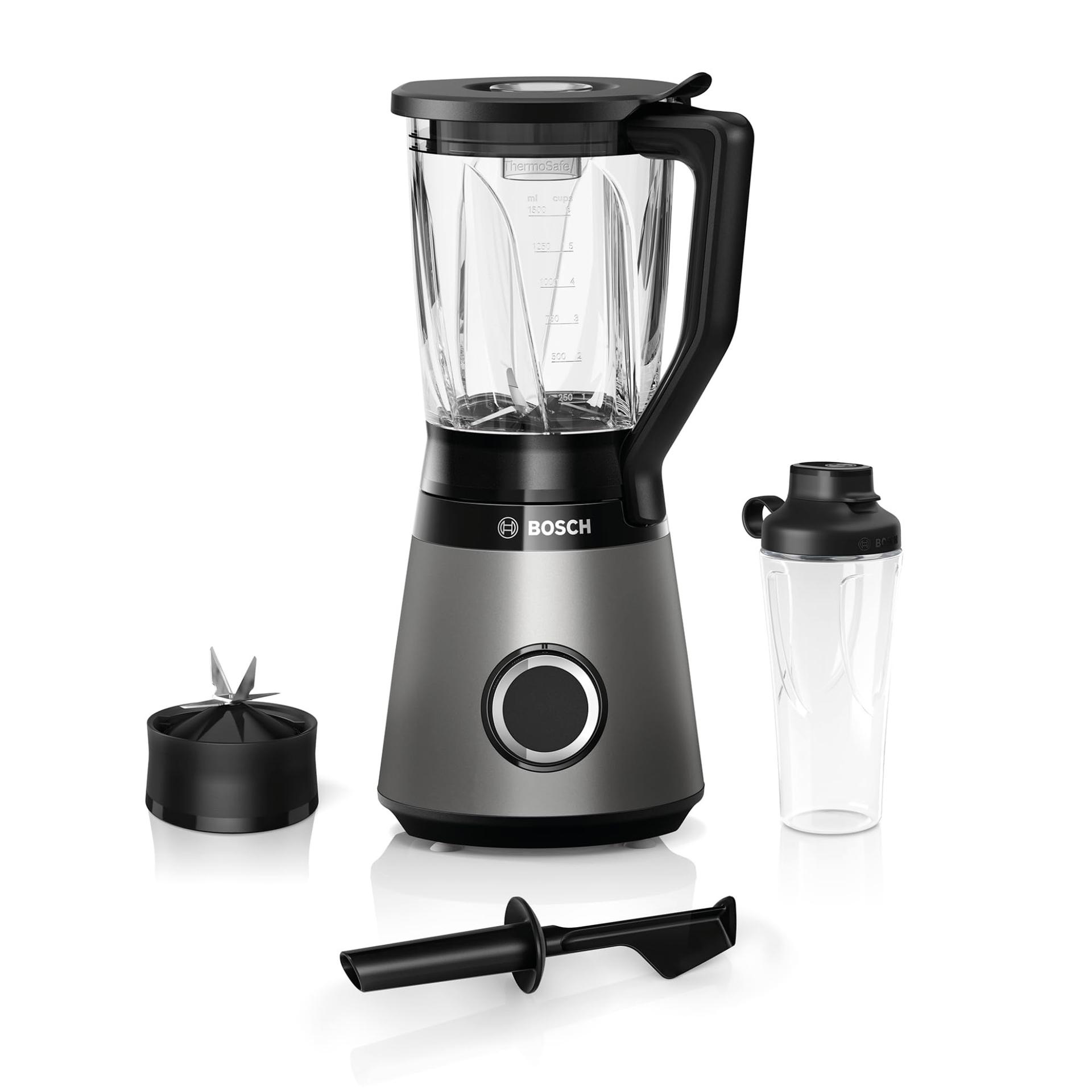 Bosch VitaPower Serie 4 blender MMB6174SN, uuendatud versioon, kvaliteetsed roostevabast terasest terad, 1,5L klaaskann, 0,6L To-Go pudel, nõudepesumasinas pestavad osad, 30 000 p/min, 1200 W, hõbedane